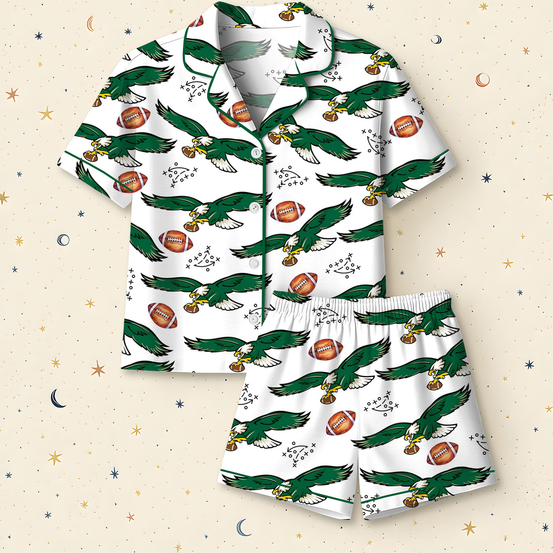 Women’s Green Bird Graphic Pajama Set Button Down Short Sleeve Sleep Set with Pockets, Eagle Sleepwear, Gift For Boyfriend