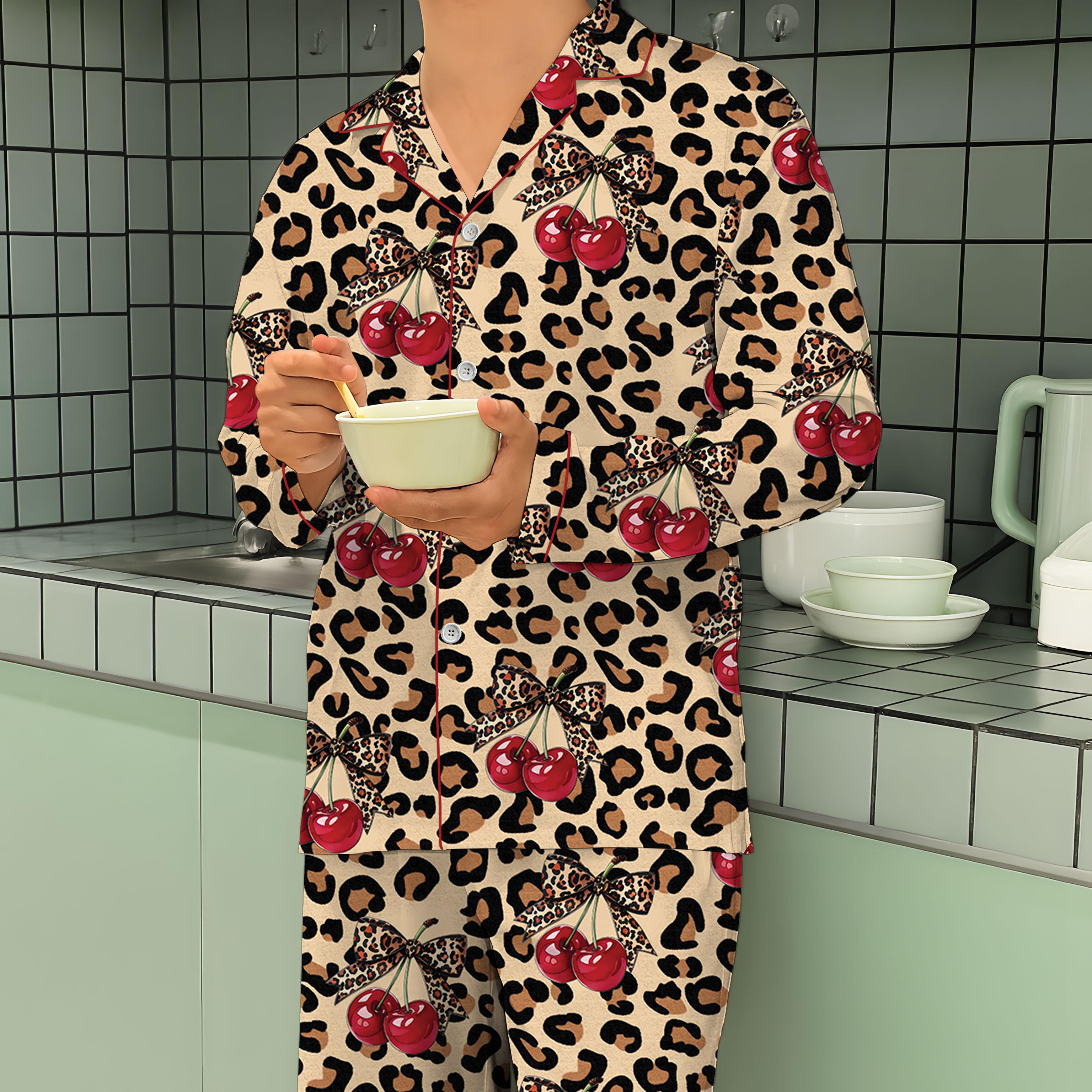 Pajamas Set For Women's Leopard Print Drop Shoulder Top & Drawstring Pants Pyjama Set, Soft Casual Comfortable Long Sleeve Top & Pocket Trousers Pj Set