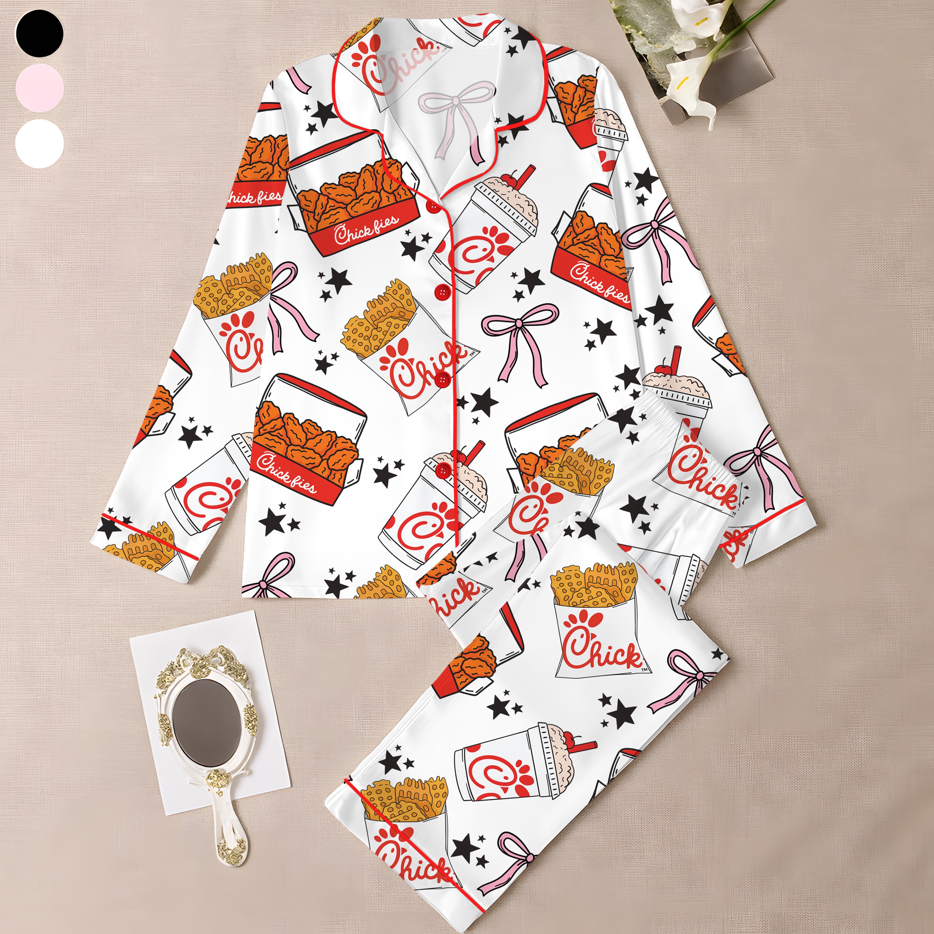 Chicken Nuggets Coquette Satin Pajamas for Women ,Funny Cute Chicken Sleepwear, Comfy Satin Lounge Set for Holiday Gift