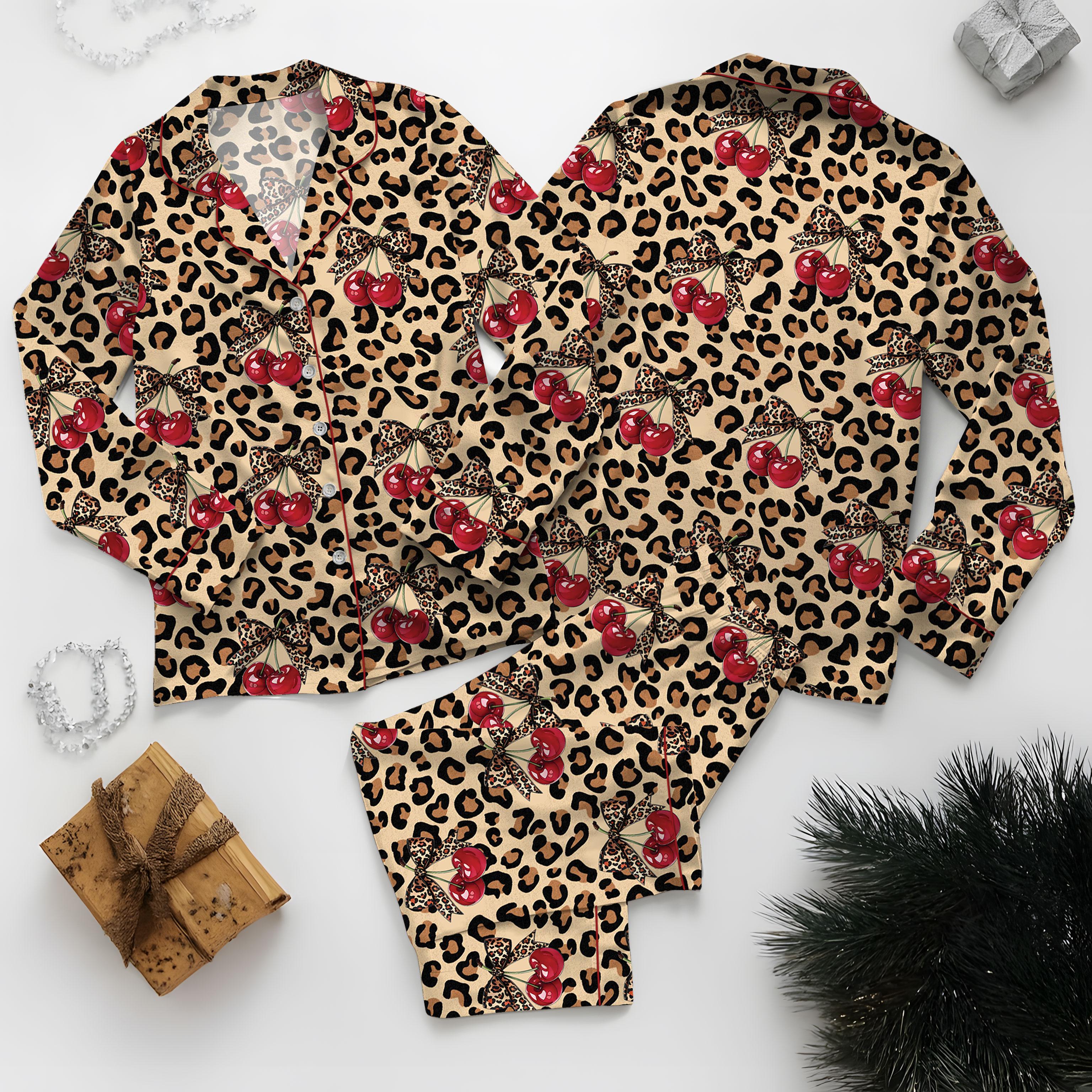 Pajamas Set For Women's Leopard Print Drop Shoulder Top & Drawstring Pants Pyjama Set, Soft Casual Comfortable Long Sleeve Top & Pocket Trousers Pj Set