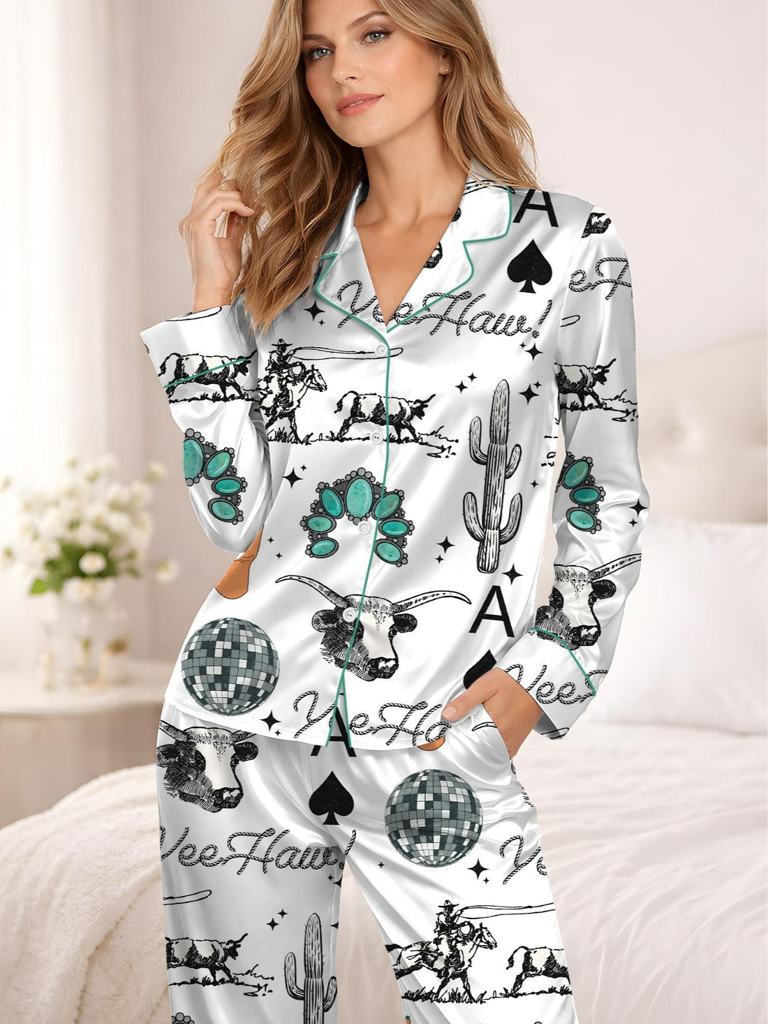 Cute Western Things Sublimation Cowgirl Spade Rodeo Satin Pajama Sets for Women, Western Print, Short Sleeve Top & Shorts, Comfortable Summer Sleepwear Set