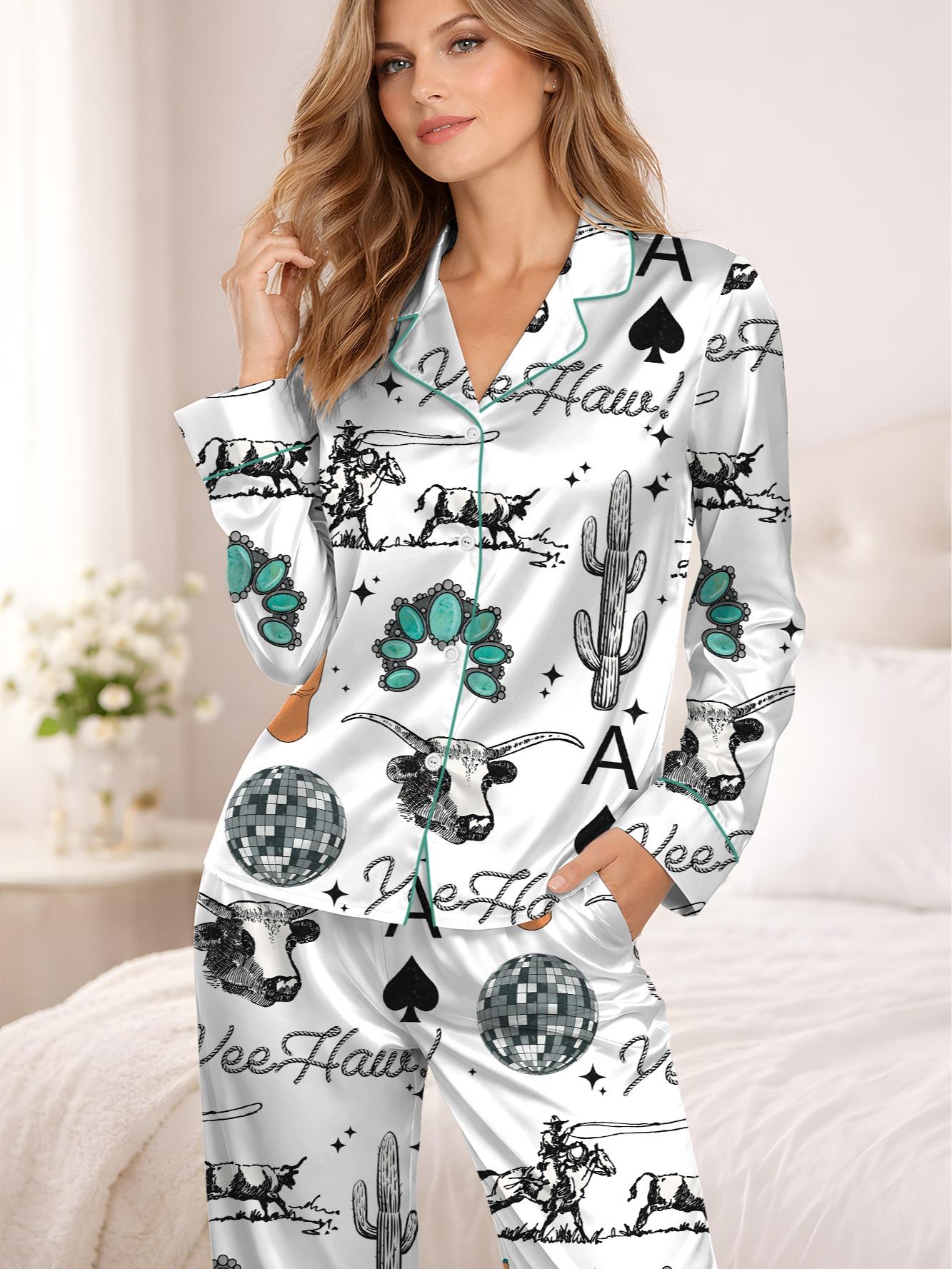 Cute Western Things Sublimation Cowgirl Spade Rodeo Satin Pajama Sets for Women, Western Print, Short Sleeve Top & Shorts, Comfortable Summer Sleepwear Set