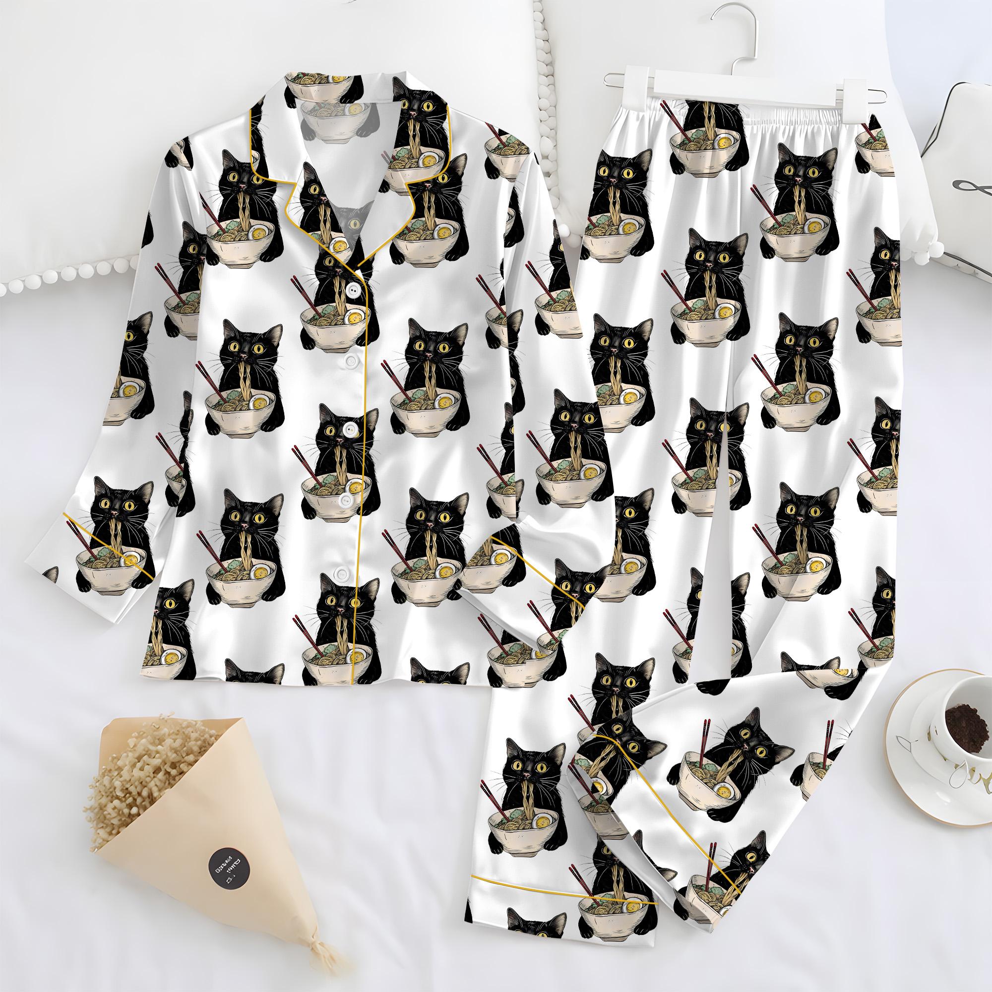 Women's Noodle Cat Satin Pajama Set, Sleepwear, Cute Funny Noodle Cat Print PJs, Kawaii Summer Lounge Set for Her