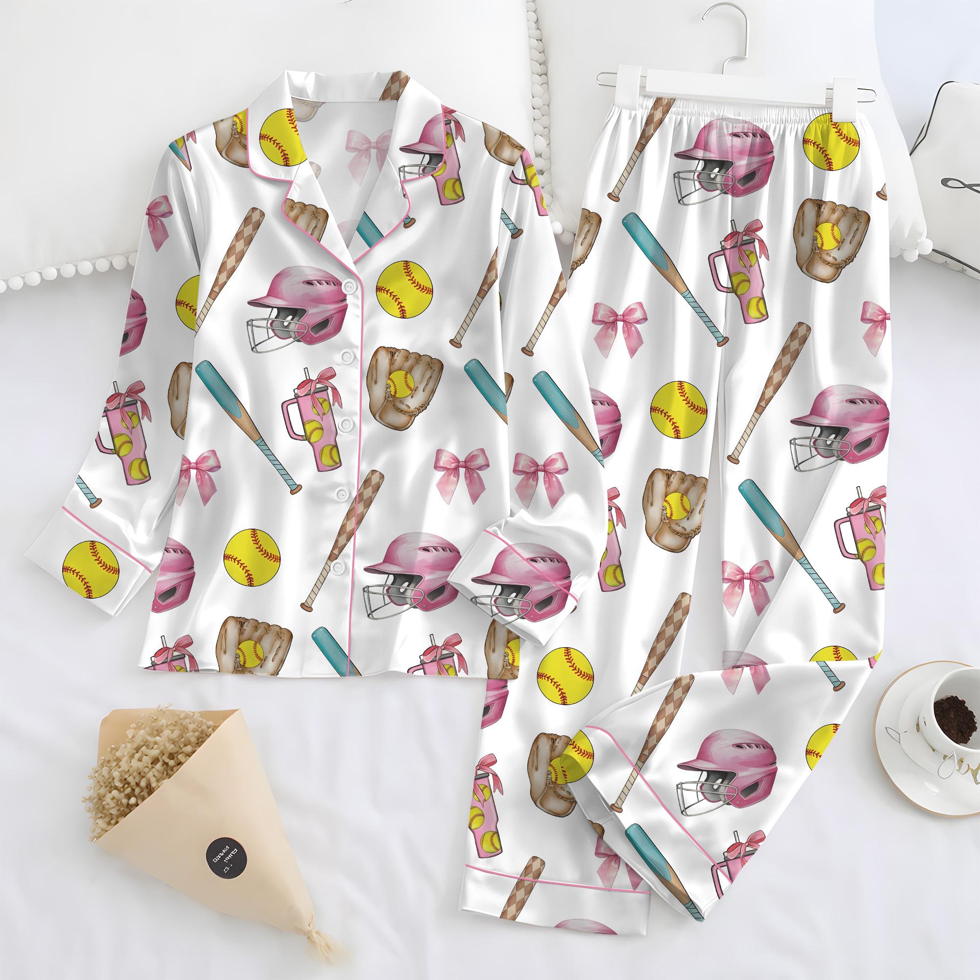 Softball Satin Pajamas Set, Women's White Satin Pajama Set – Softball Print Sleepwear, Sporty Summer Loungewear