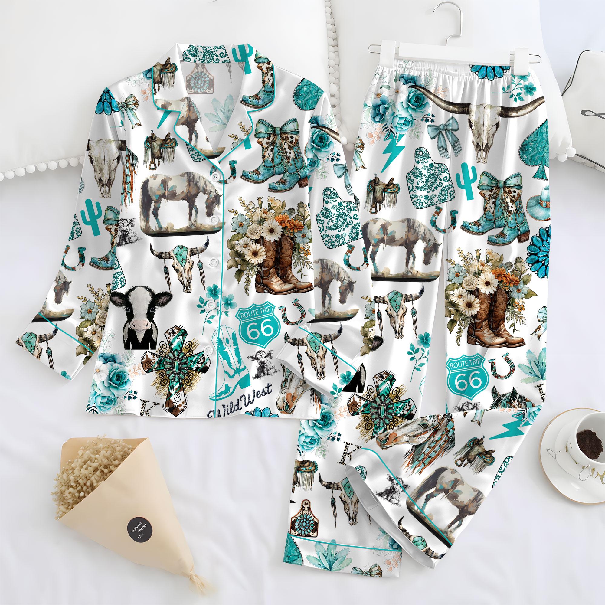 Western Cowgirl Pajama Set, Cowgirl Aesthetic Pajama Satin Set Turquoise Horses, Boots & Cactus Satin Pajamas