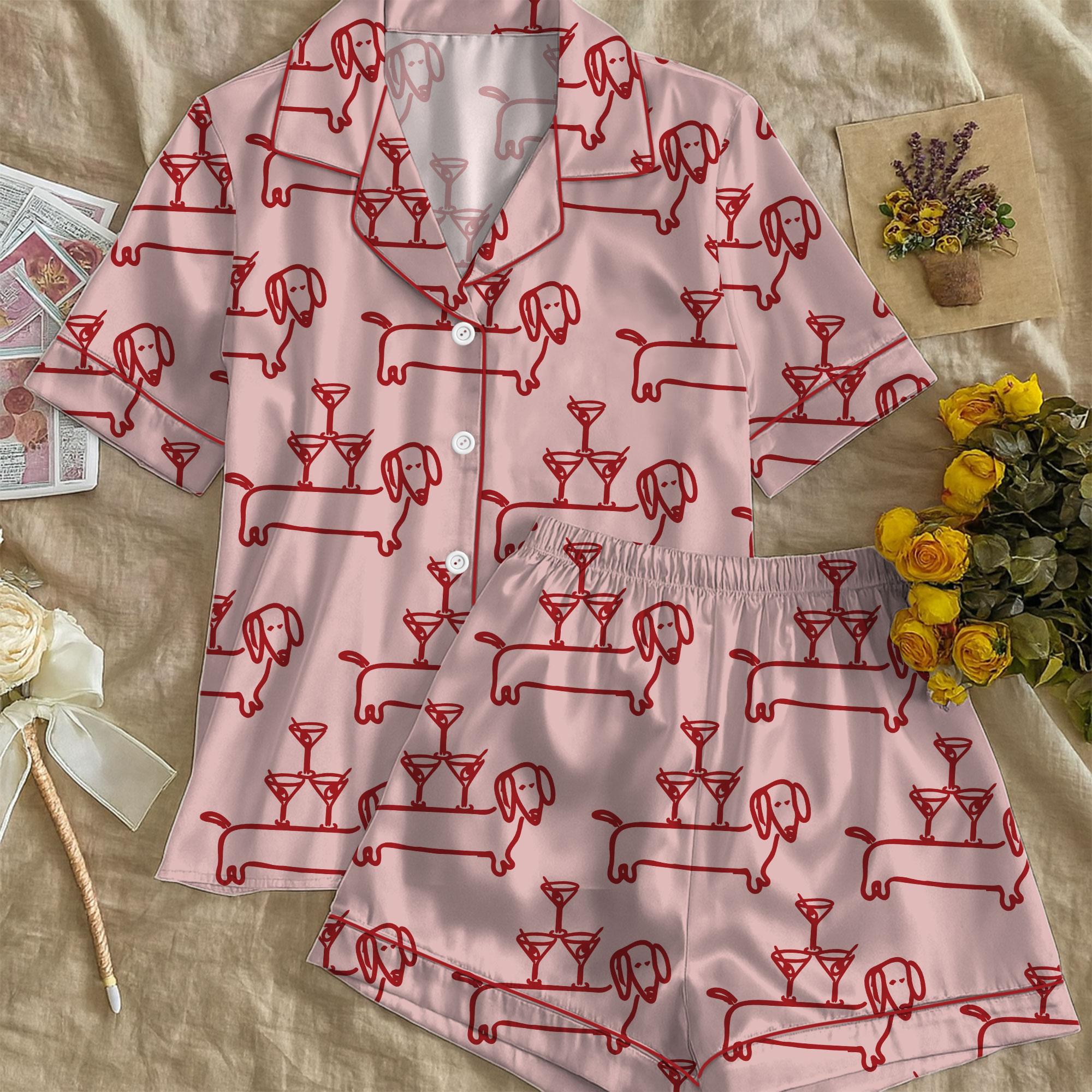 Women’s Dachshund Pajama Set, Martini & Weenies Print, Short Sleeve Satin Sleepwear, Dog Pajama, PJs Family, Pajama Gifts for Her