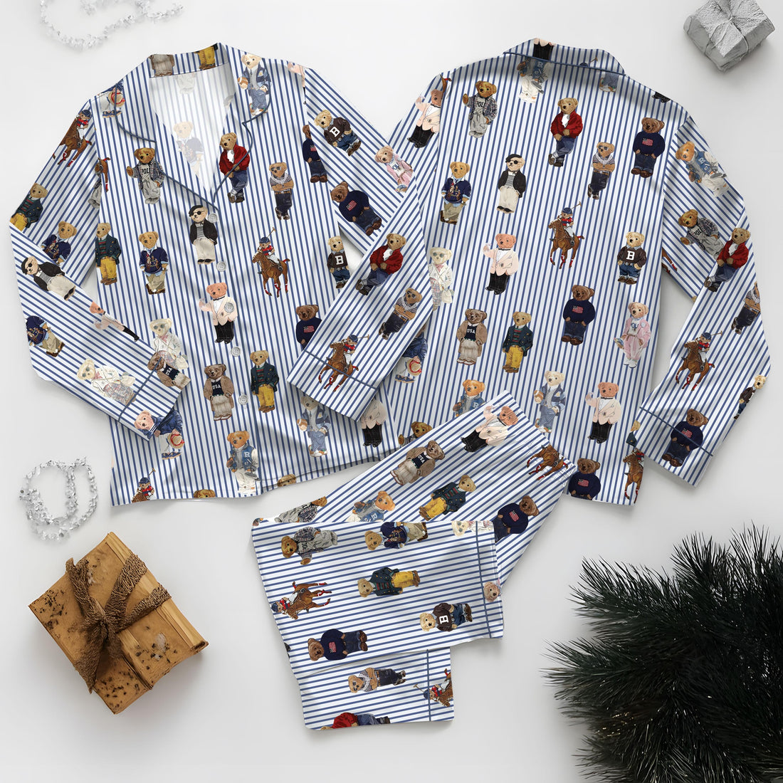 Pajamas Set for Women, Pajamas Bear Set for Women, Cute Bear Print Pajamas, Casual Long Sleeve Shirt & Elastic Pants, Soft Stretch Fabric, Comfortable