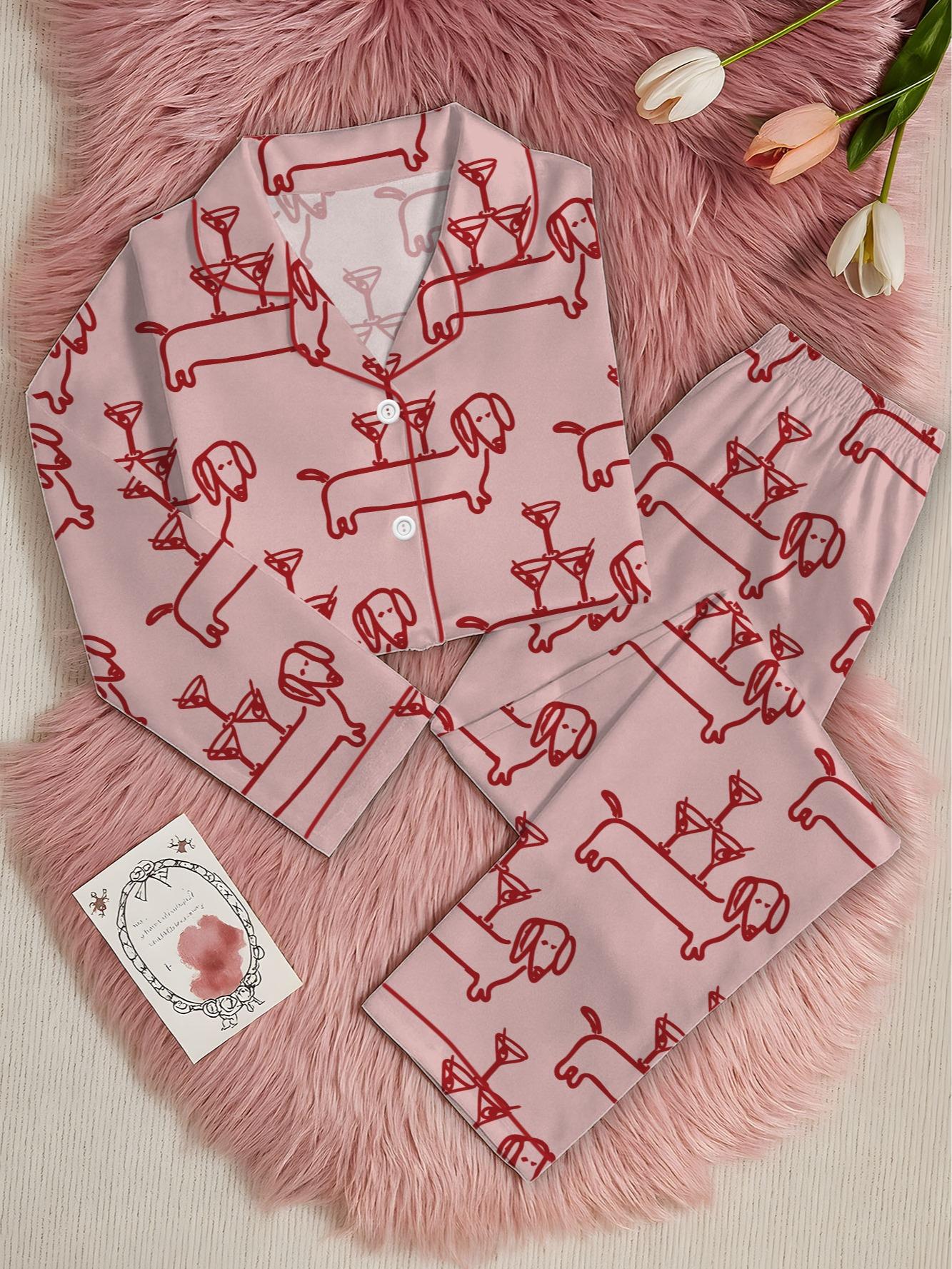 Women’s Dachshund Pajama Set, Martini & Weenies Print, Short Sleeve Satin Sleepwear, Dog Pajama, PJs Family, Pajama Gifts for Her