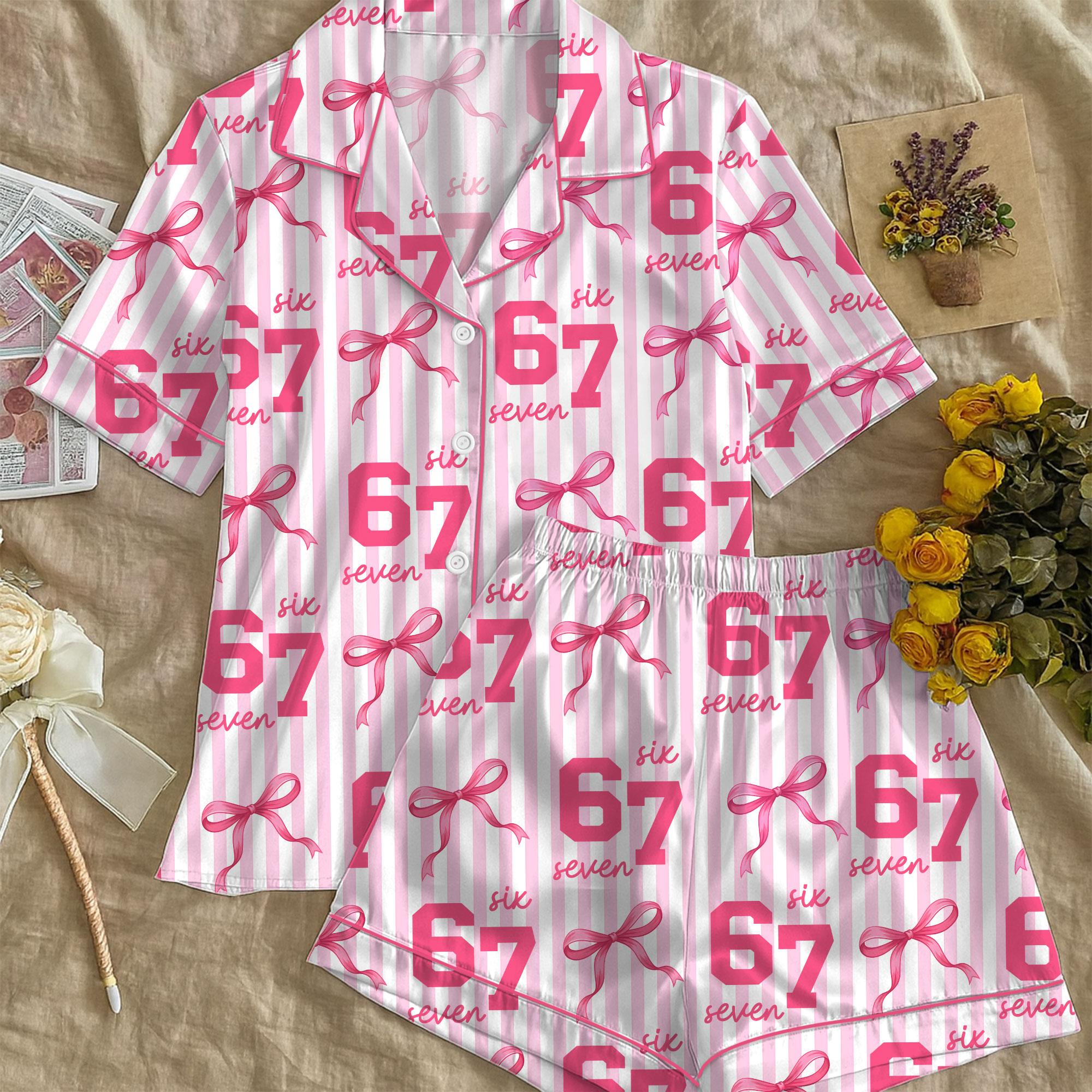 67 Meme Pajamas Set for Women, Pink Bow Six Seven Pajama Set, Funny TikTok Viral PJs, Cute Satin Long & Short Sleepwear