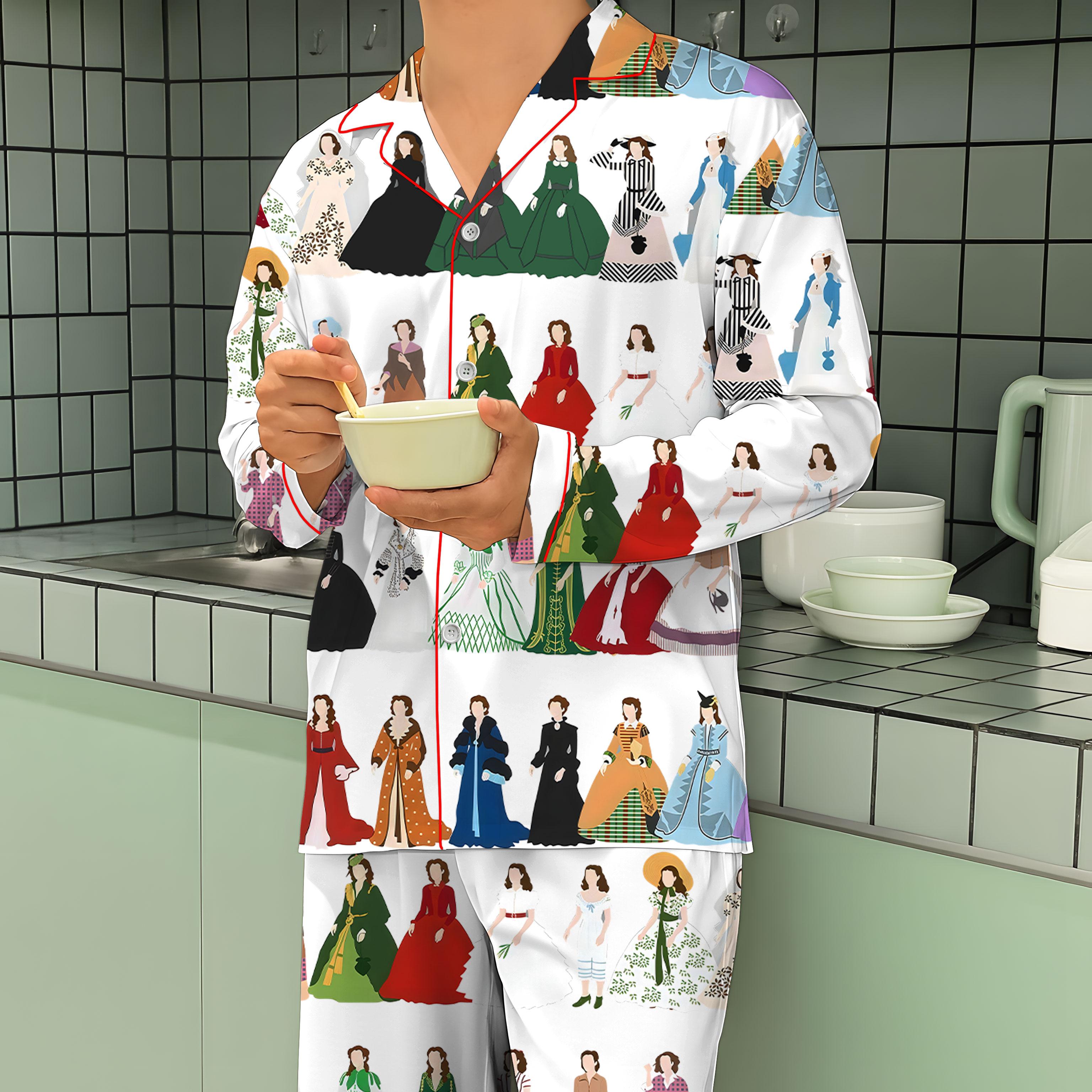 Scarlett O'Hara Dress Print Pajama Set, Vintage Gone With the Wind Sleepwear, Long Sleeve Satin PJs, Classic Movie Fan Gift