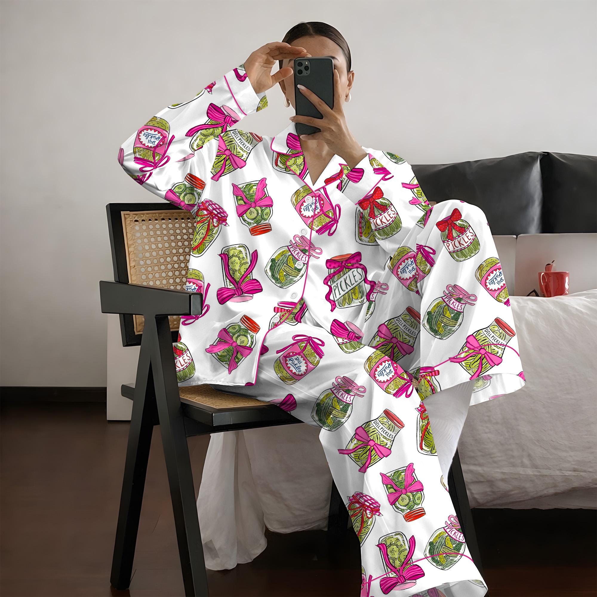 Pickle Satin Pajama Set, Women’s Pickle Lover Pink Bows Pajama Set, Sleepwear Gifts Nightwear Pajama Satin Long Pants