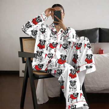 Bulldogs Football Satin Pajama Set, Pitbull Satin Pajamas Set, Women's Luxury Sleepwear