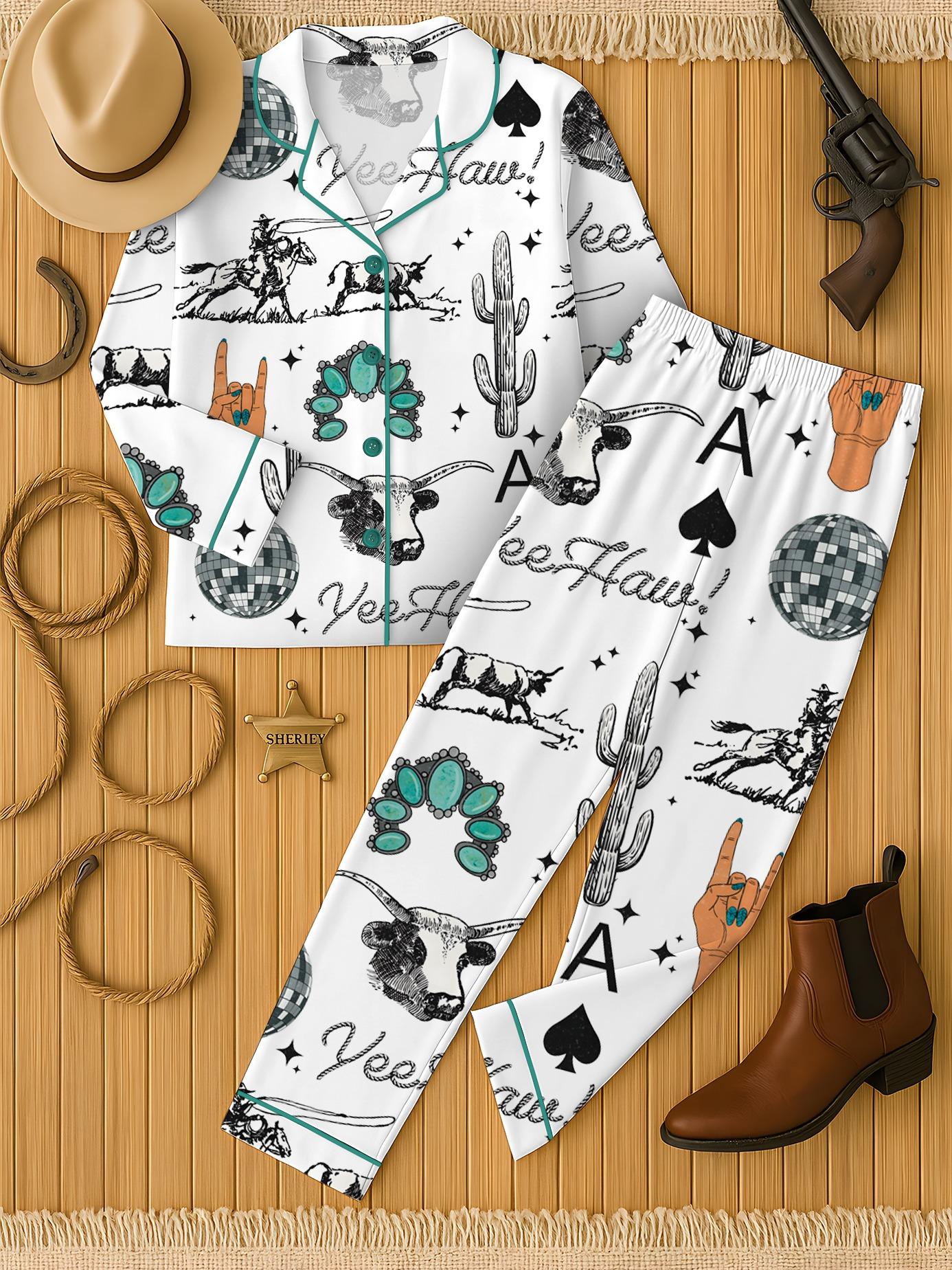 Cute Western Things Sublimation Cowgirl Spade Rodeo Satin Pajama Sets for Women, Western Print, Short Sleeve Top & Shorts, Comfortable Summer Sleepwear Set