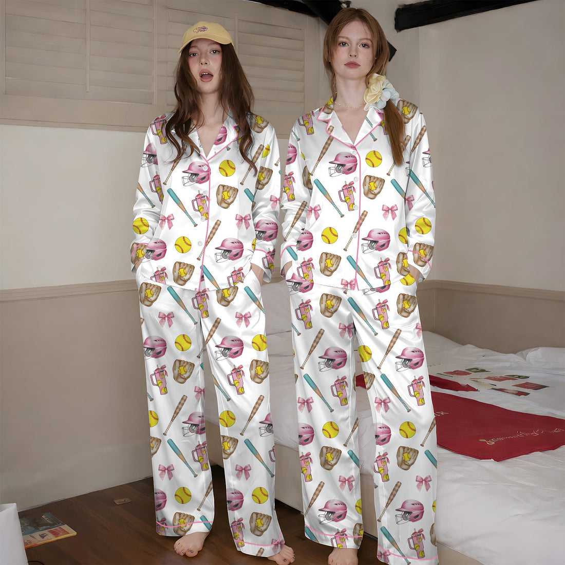 Softball Satin Pajamas Set, Women's White Satin Pajama Set – Softball Print Sleepwear, Sporty Summer Loungewear