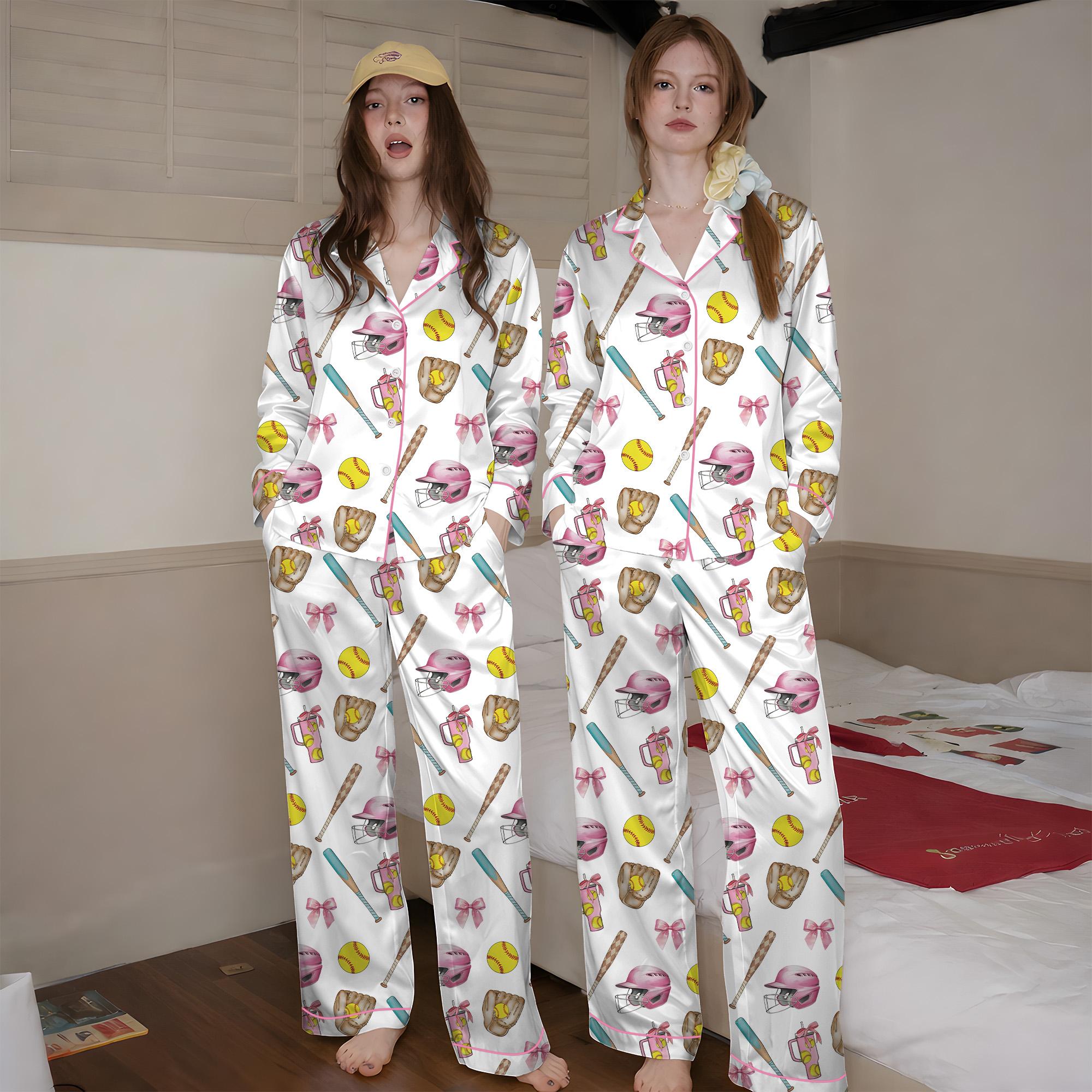Softball Satin Pajamas Set, Women's White Satin Pajama Set – Softball Print Sleepwear, Sporty Summer Loungewear