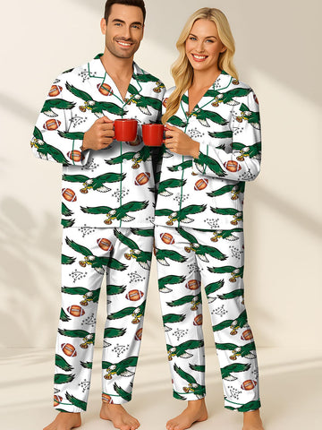 Women’s Green Bird Graphic Pajama Set Button Down Short Sleeve Sleep Set with Pockets, Eagle Sleepwear, Gift For Boyfriend