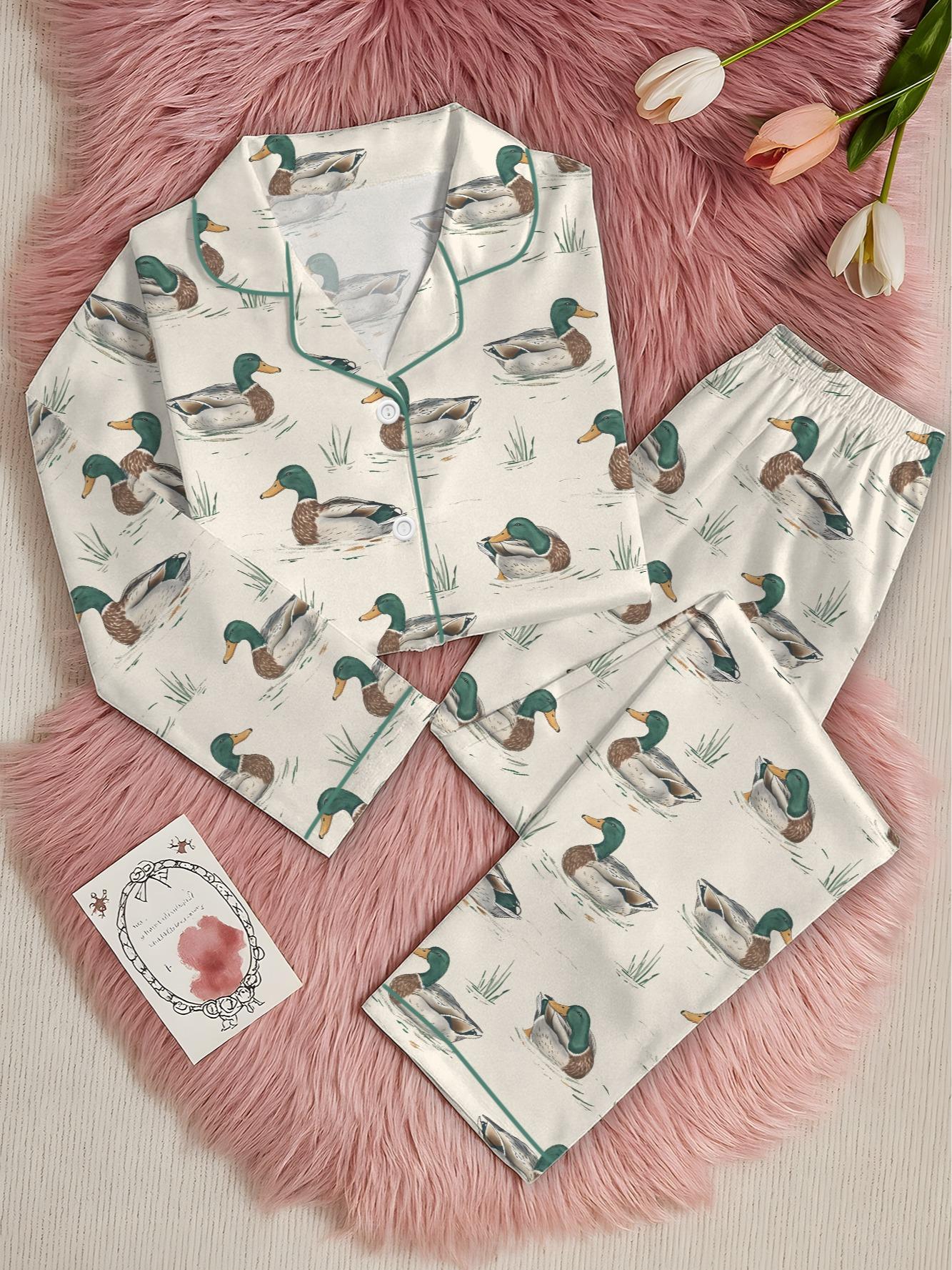 Watercolor Mallard Duck Duck Hunting Satin Pajama Set, Fun & Stylish Mallard Duck Sleepwear, Unique PJs with Design, Pajama Gift For Her