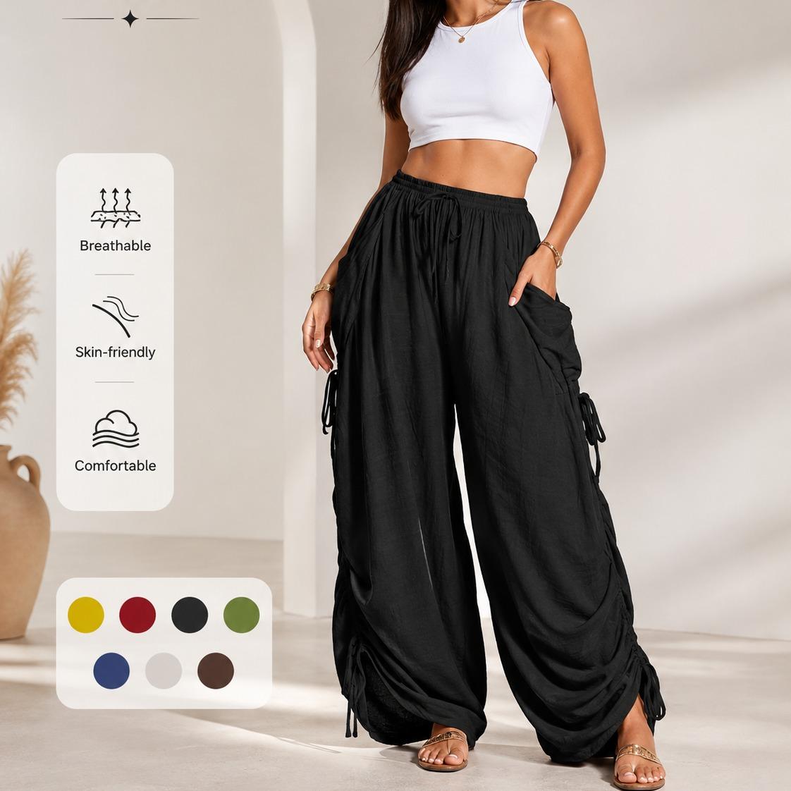 Women's High-Waisted Wide-Leg Palazzo Pants, Adjustable Drawstring, Breathable Summer Trousers with Pockets