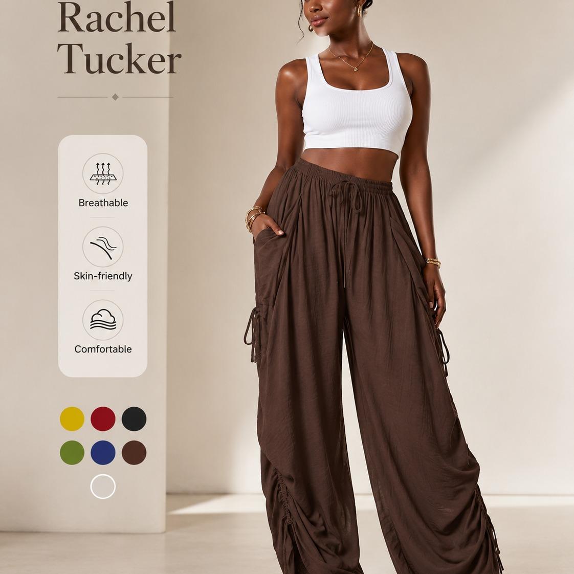 Women's High-Waisted Wide-Leg Palazzo Pants, Adjustable Drawstring, Breathable Summer Trousers with Pockets