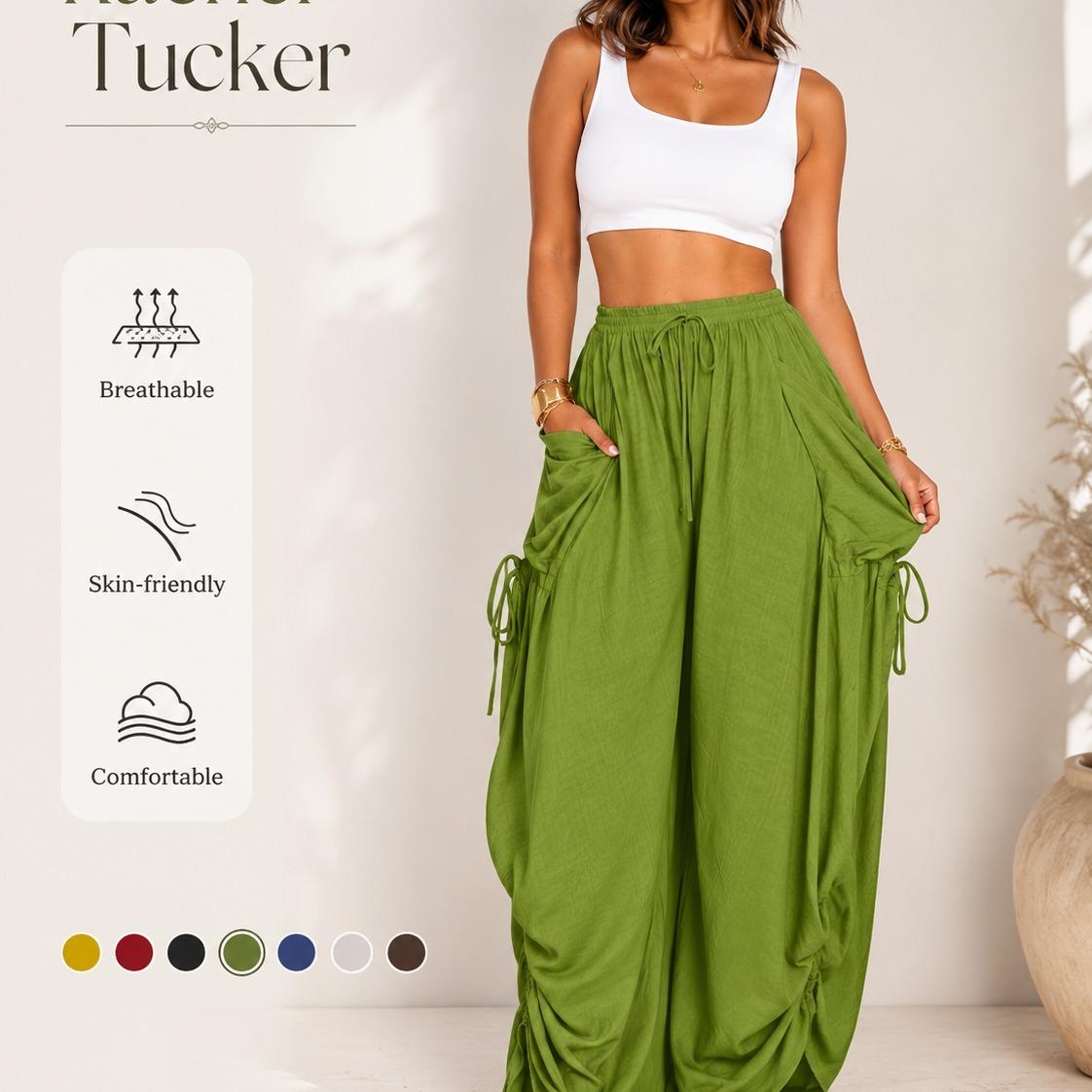 Women's High-Waisted Wide-Leg Palazzo Pants, Adjustable Drawstring, Breathable Summer Trousers with Pockets