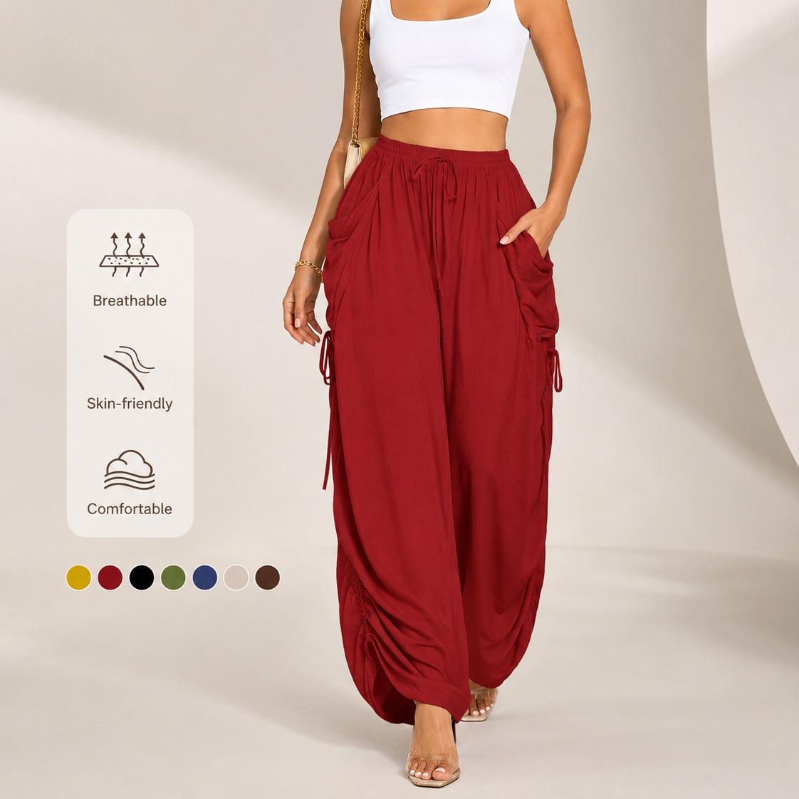 Women's High-Waisted Wide-Leg Palazzo Pants, Adjustable Drawstring, Breathable Summer Trousers with Pockets