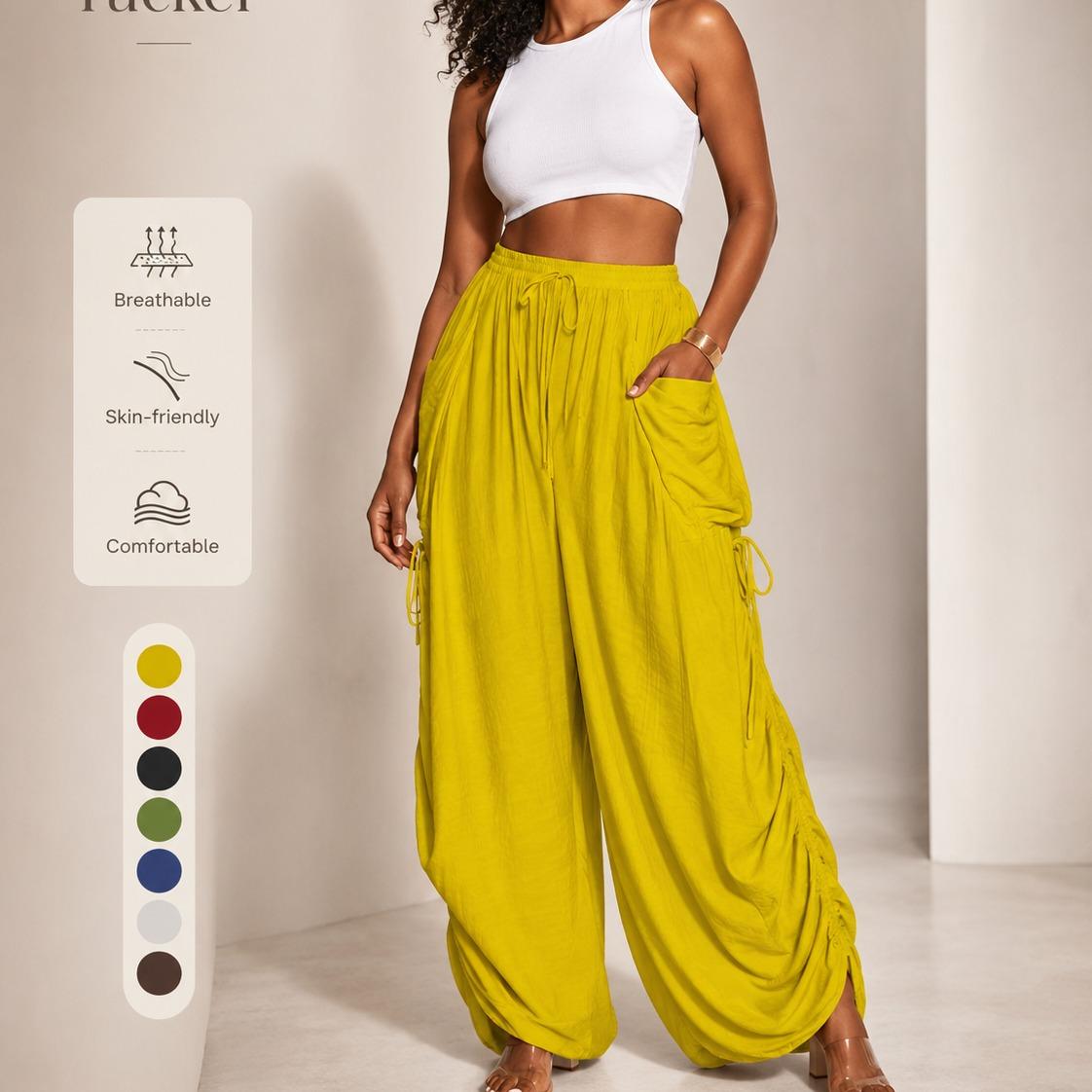 Women's High-Waisted Wide-Leg Palazzo Pants, Adjustable Drawstring, Breathable Summer Trousers with Pockets