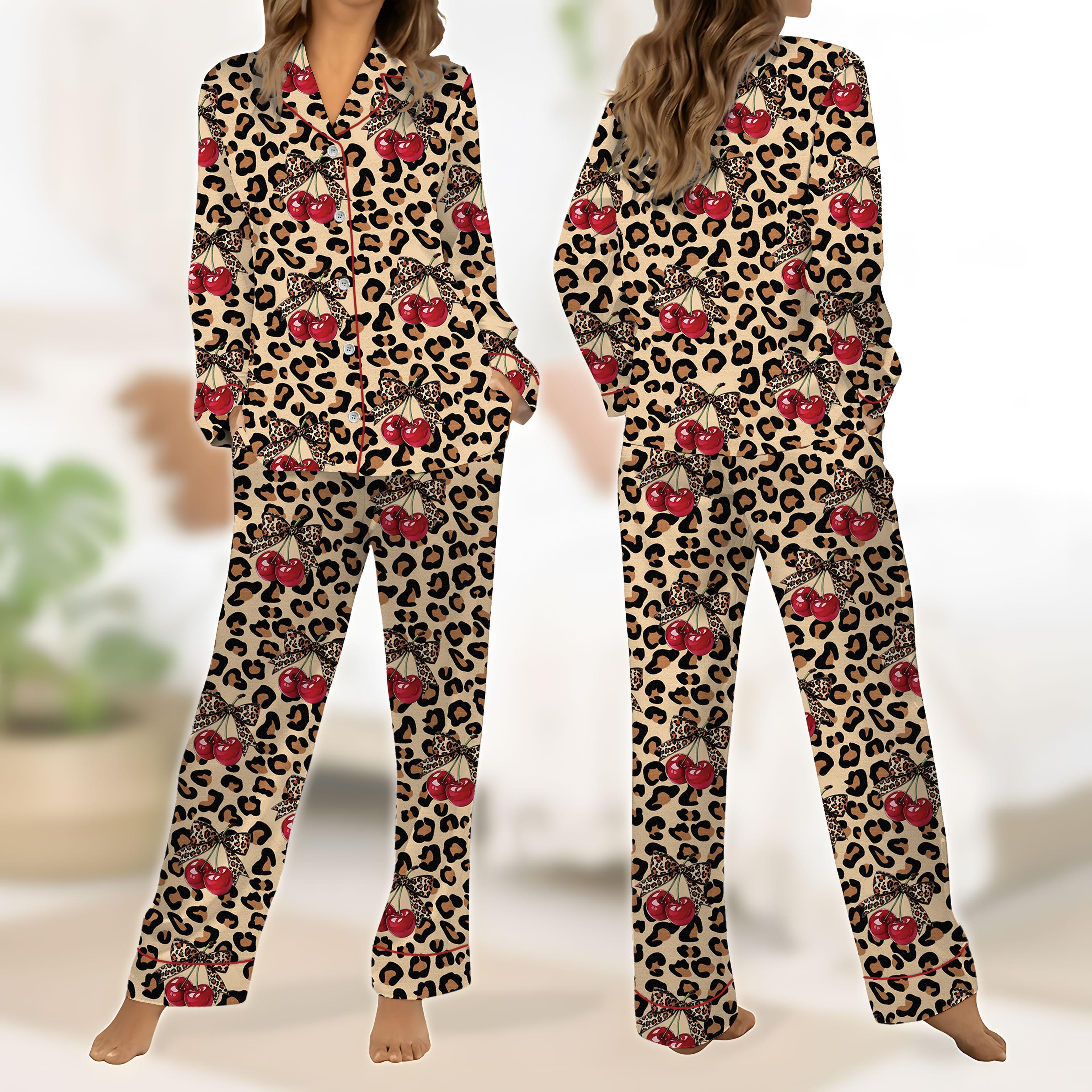Pajamas Set For Women's Leopard Print Drop Shoulder Top & Drawstring Pants Pyjama Set, Soft Casual Comfortable Long Sleeve Top & Pocket Trousers Pj Set