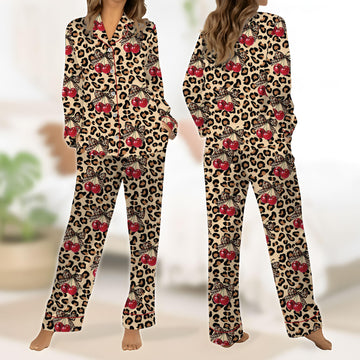 Pajamas Set For Women's Leopard Print Drop Shoulder Top & Drawstring Pants Pyjama Set, Soft Casual Comfortable Long Sleeve Top & Pocket Trousers Pj Set