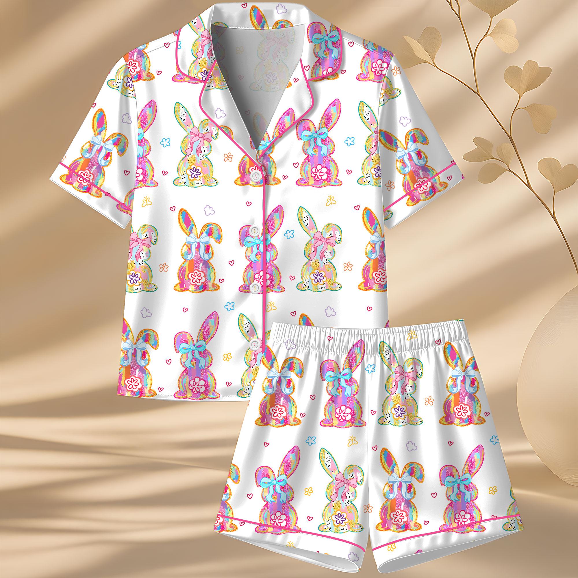 Women’s Happy Easter Coquette Girly Bunny Long Sleeve Satin Pajama Set, Gift For Girlfriends