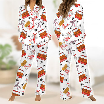 Chicken Nuggets Coquette Satin Pajamas for Women ,Funny Cute Chicken Sleepwear, Comfy Satin Lounge Set for Holiday Gift