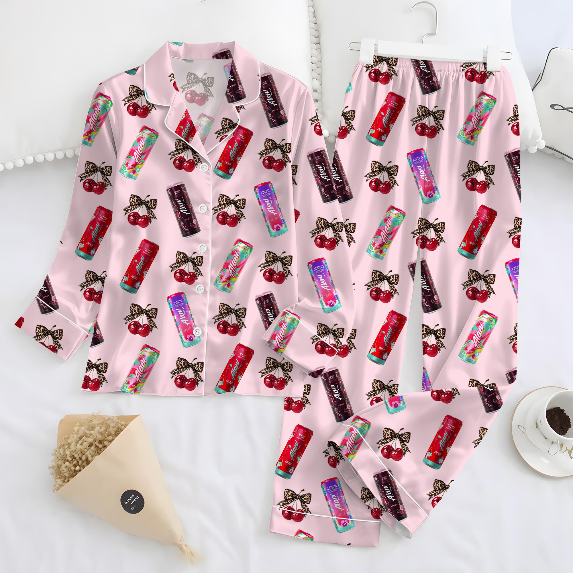 Energy Drink Pajama Set for Women, Satin Summer Sleepwear, Colorful Drink Print Button Up Loungewear