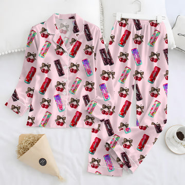 Energy Drink Pajama Set for Women, Satin Summer Sleepwear, Colorful Drink Print Button Up Loungewear