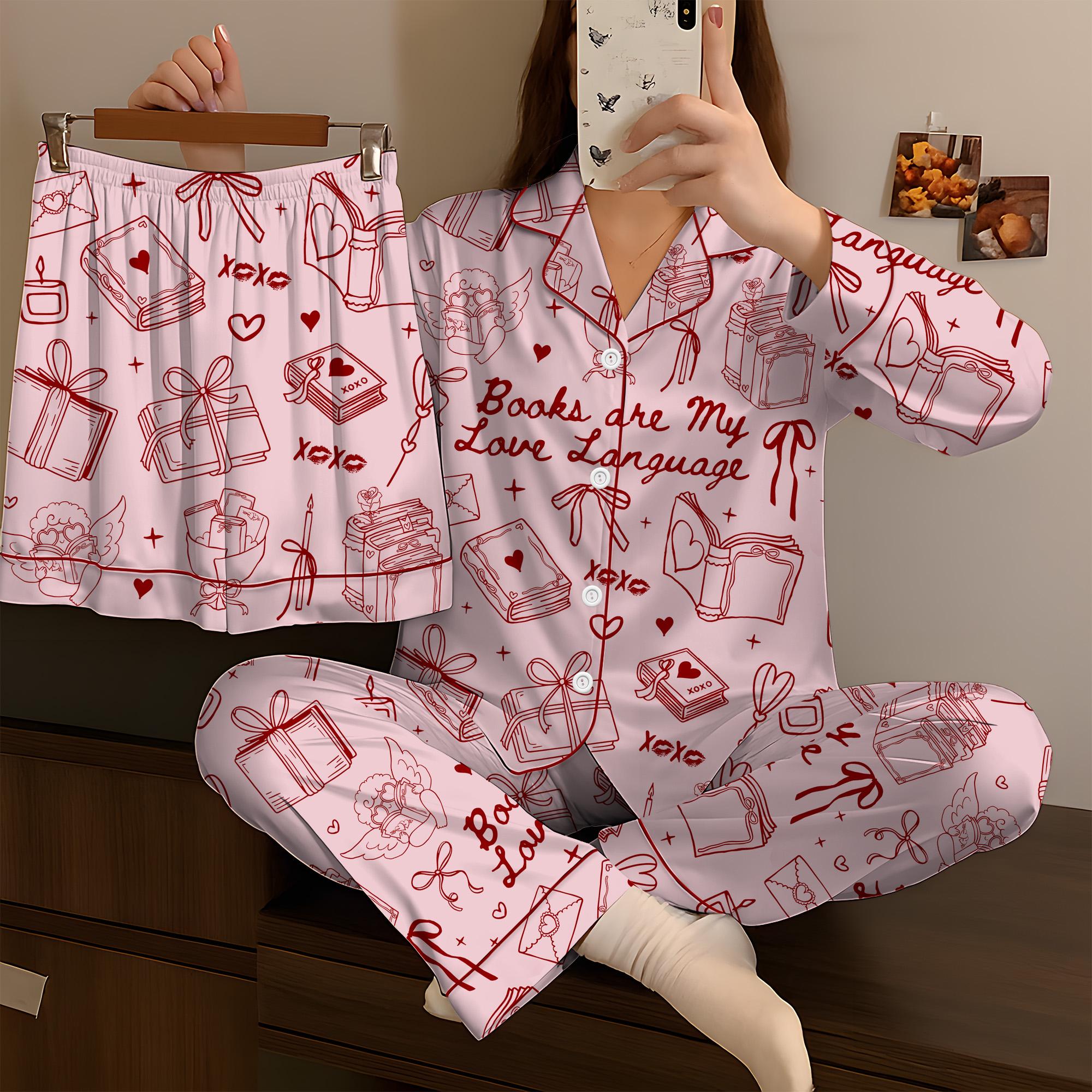 Books Are My Love Language Satin Pajama Set, Book Lover Valentine Sleepwear, Cozy Bookish Pajamas Gift