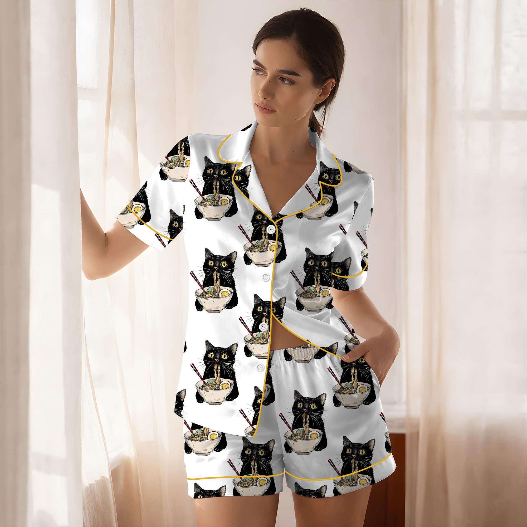 Women's Noodle Cat Satin Pajama Set, Sleepwear, Cute Funny Noodle Cat Print PJs, Kawaii Summer Lounge Set for Her