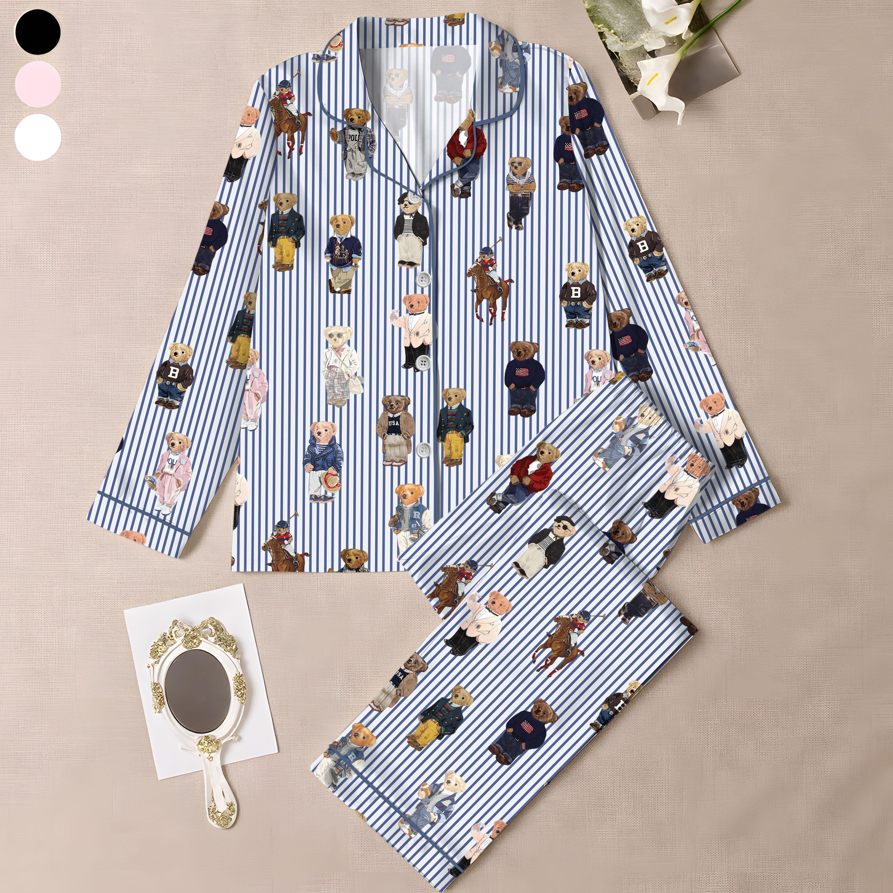 Pajamas Set for Women, Pajamas Bear Set for Women, Cute Bear Print Pajamas, Casual Long Sleeve Shirt & Elastic Pants, Soft Stretch Fabric, Comfortable
