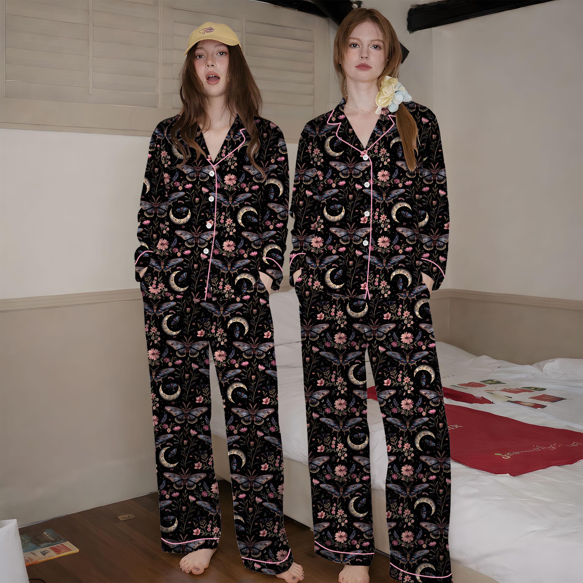 Witchy Floral Satin Pajamas Set, Night Garden Mystical Moth Magic Witchy Floral Satin Pajama Set, Halloween Magic Witchy Floral Pajama Sleepwear, Nighwear Set for Her
