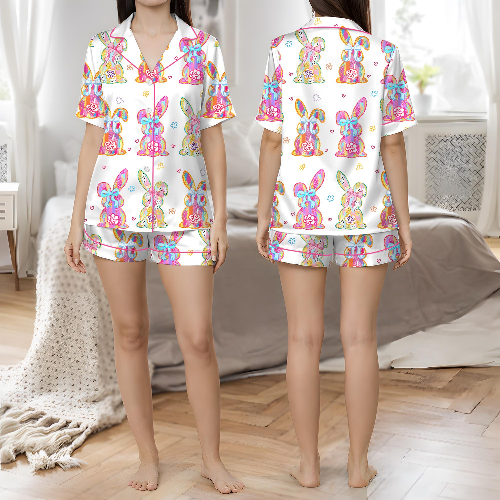 Women’s Happy Easter Coquette Girly Bunny Long Sleeve Satin Pajama Set, Gift For Girlfriends