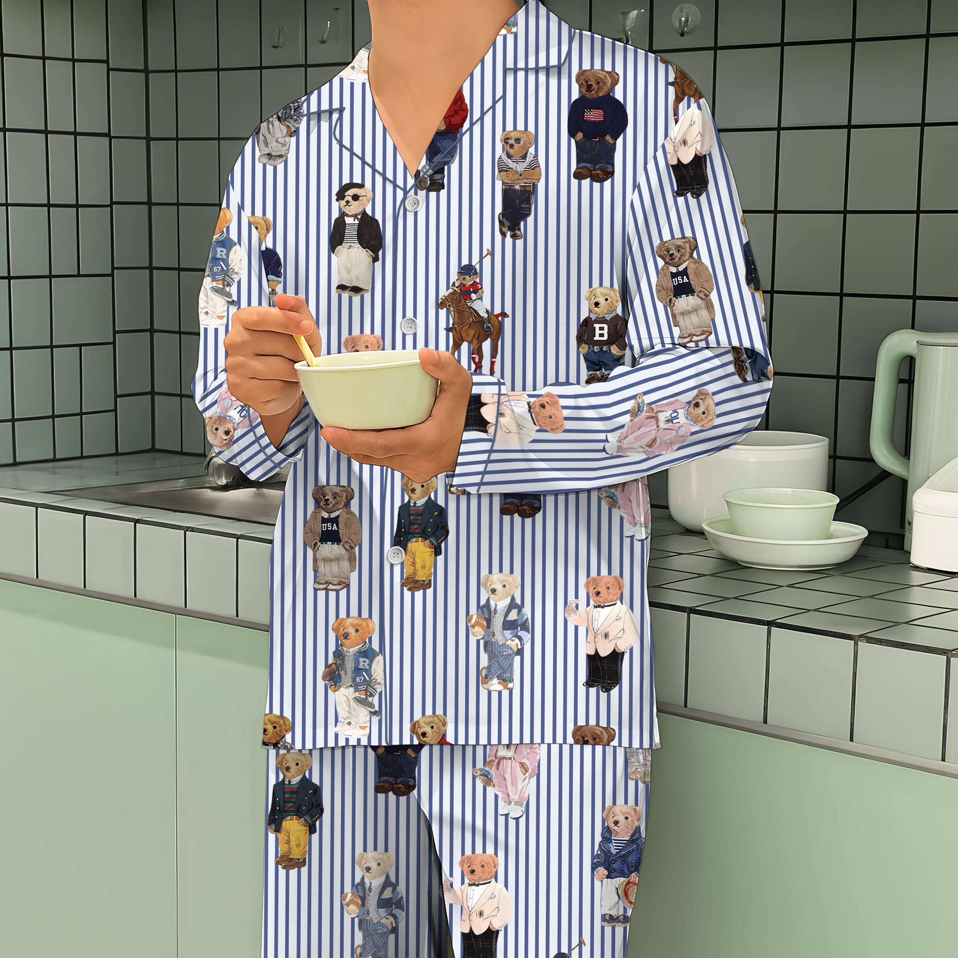 Pajamas Set for Women, Pajamas Bear Set for Women, Cute Bear Print Pajamas, Casual Long Sleeve Shirt & Elastic Pants, Soft Stretch Fabric, Comfortable
