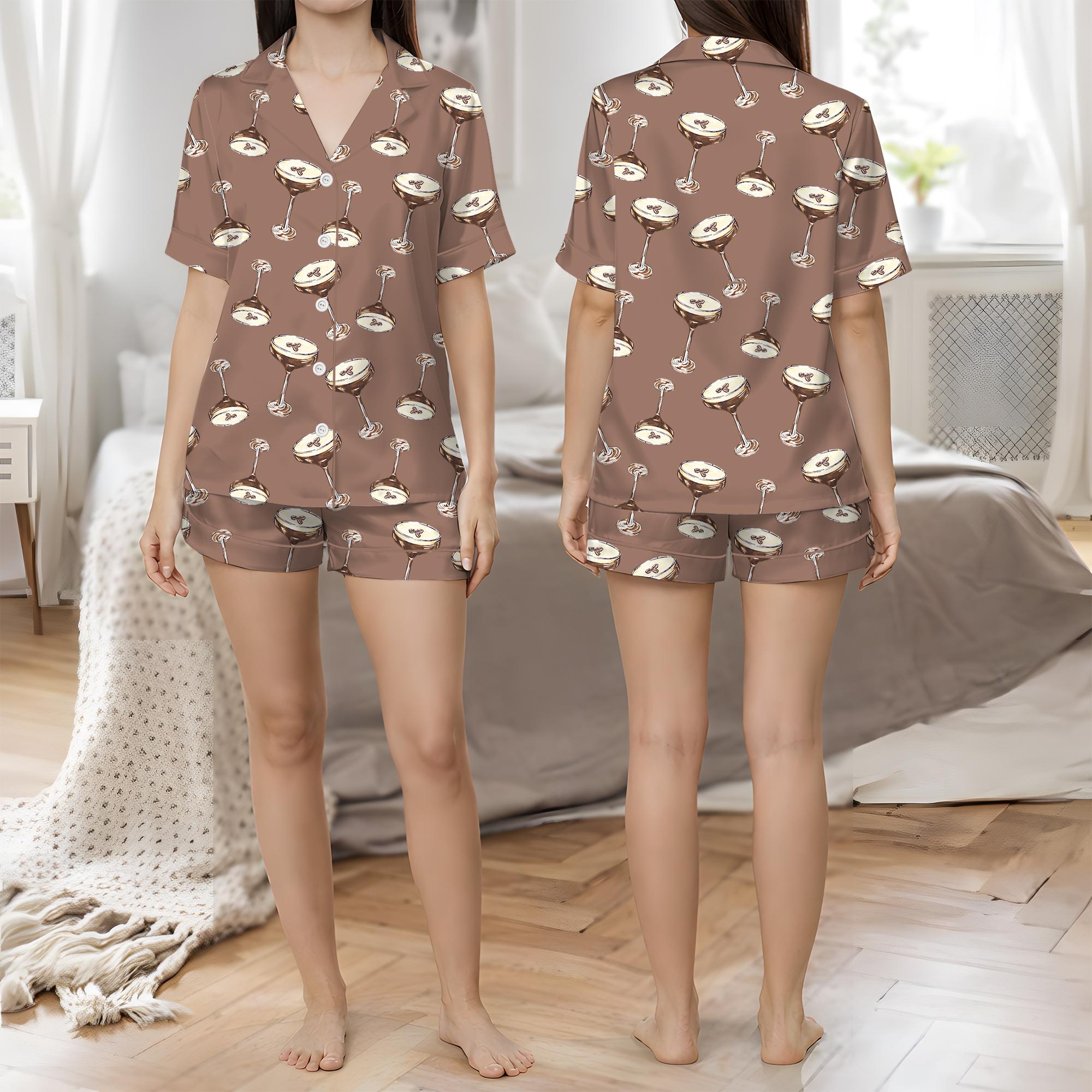 Espresso Martini Wedding Drink Coffee Pajama Set, Satin Printed Pajama Set, Silky Unisex Sleepwear with Fun Prints, Short & Long Option