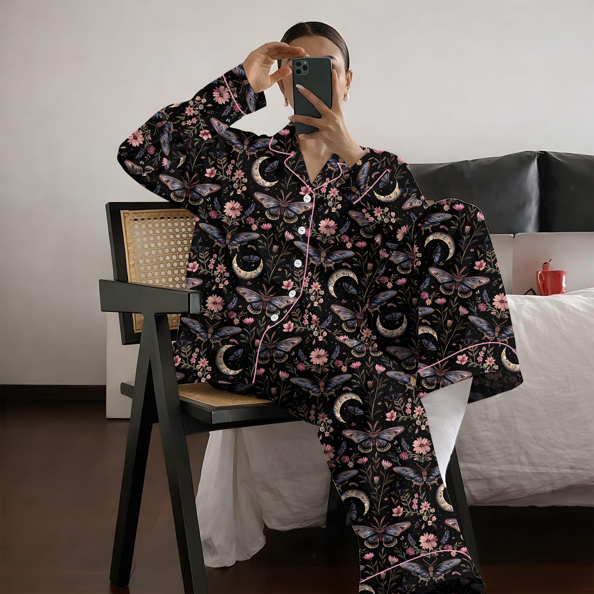 Witchy Floral Satin Pajamas Set, Night Garden Mystical Moth Magic Witchy Floral Satin Pajama Set, Halloween Magic Witchy Floral Pajama Sleepwear, Nighwear Set for Her