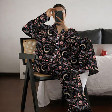 Witchy Floral Satin Pajamas Set, Night Garden Mystical Moth Magic Witchy Floral Satin Pajama Set, Halloween Magic Witchy Floral Pajama Sleepwear, Nighwear Set for Her