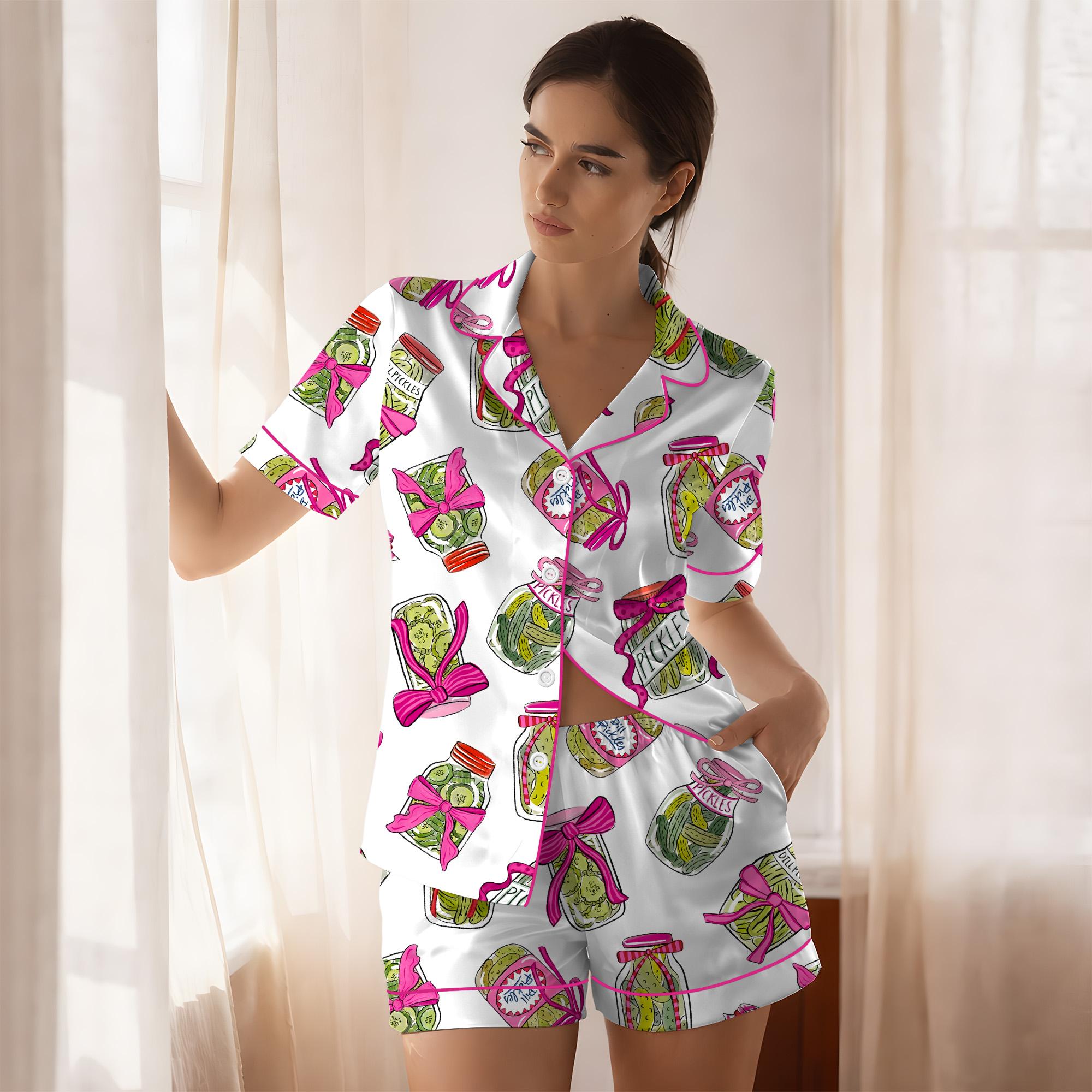 Pickle Satin Pajama Set, Women’s Pickle Lover Pink Bows Pajama Set, Sleepwear Gifts Nightwear Pajama Satin Long Pants