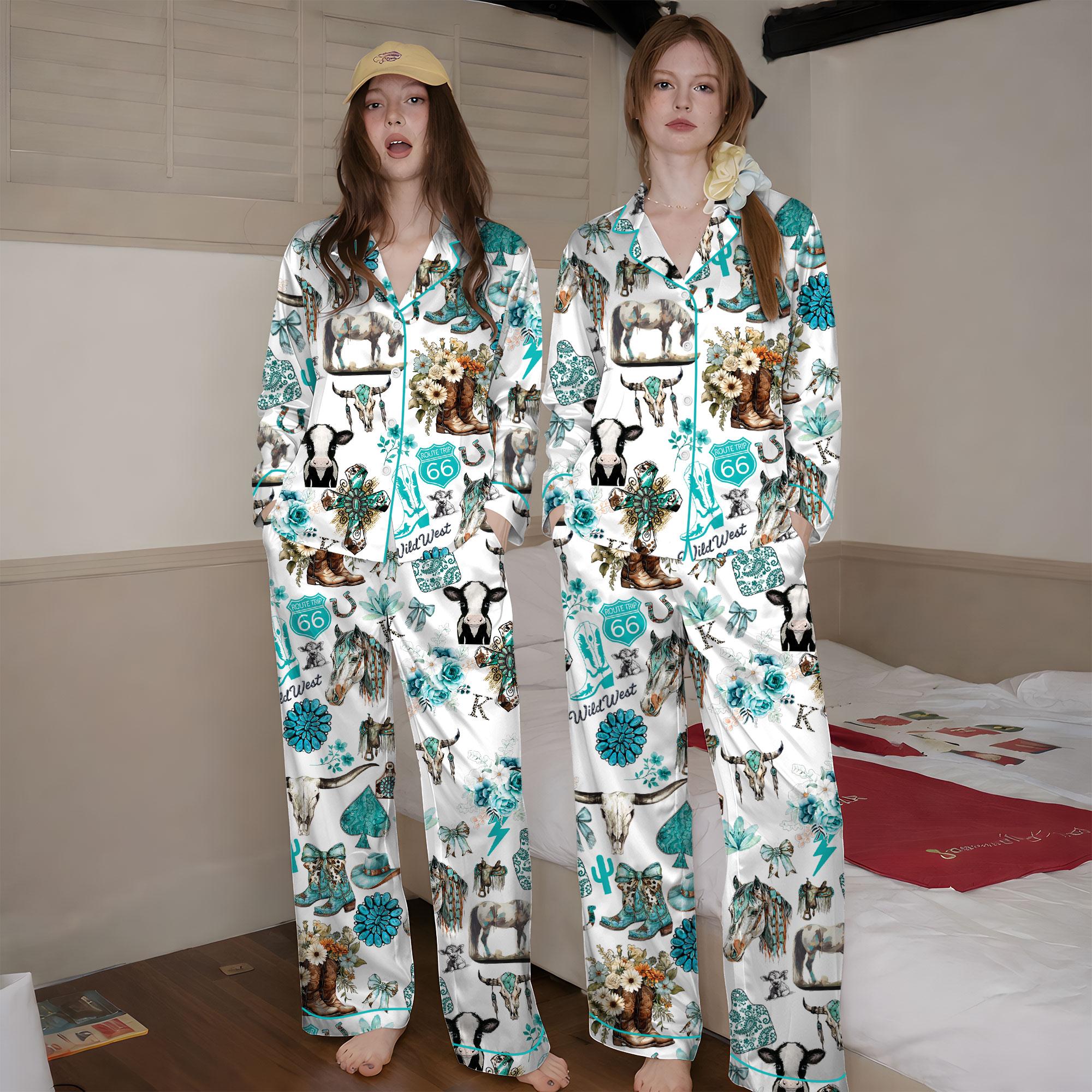 Western Cowgirl Pajama Set, Cowgirl Aesthetic Pajama Satin Set Turquoise Horses, Boots & Cactus Satin Pajamas