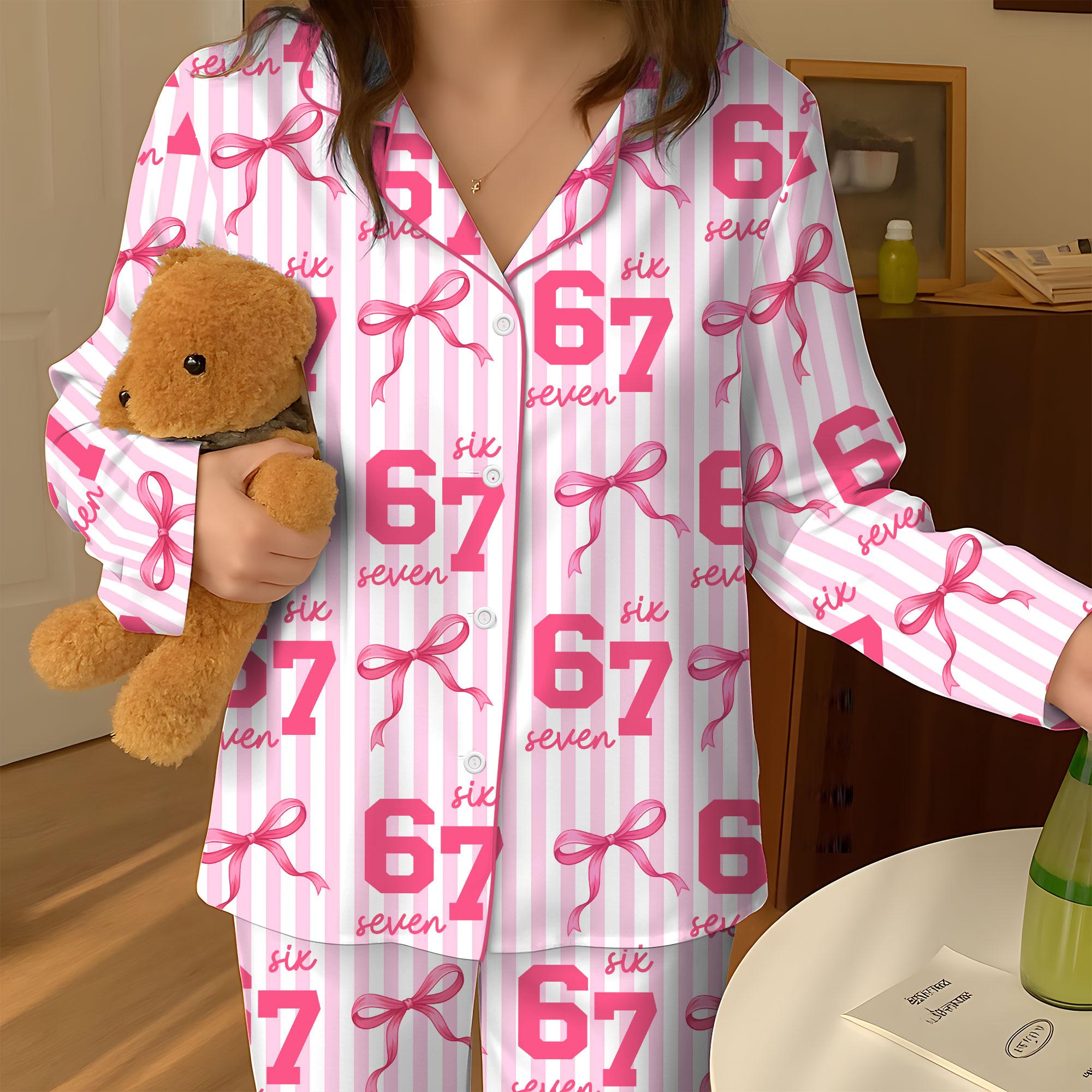 67 Meme Pajamas Set for Women, Pink Bow Six Seven Pajama Set, Funny TikTok Viral PJs, Cute Satin Long & Short Sleepwear