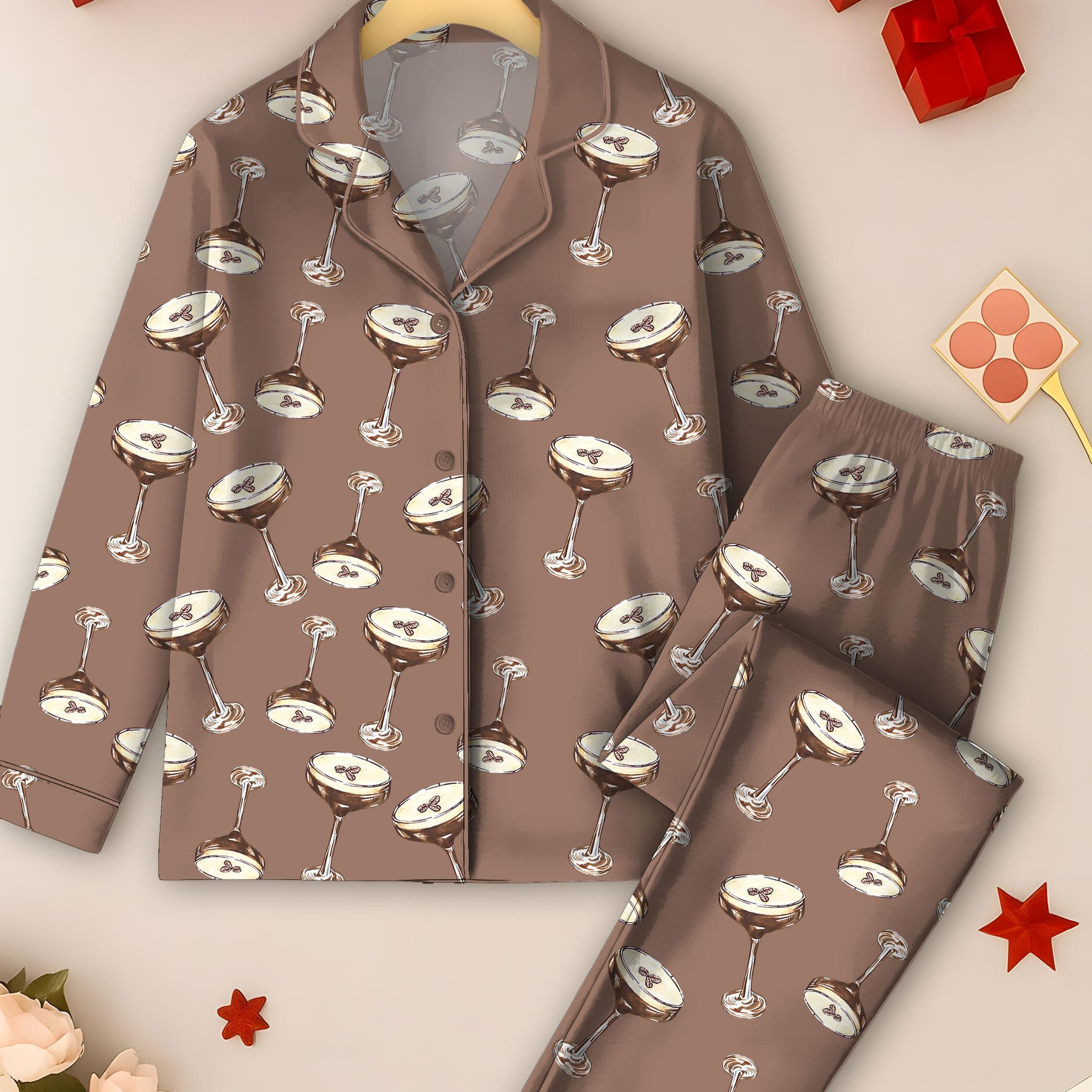 Espresso Martini Wedding Drink Coffee Pajama Set, Satin Printed Pajama Set, Silky Unisex Sleepwear with Fun Prints, Short & Long Option