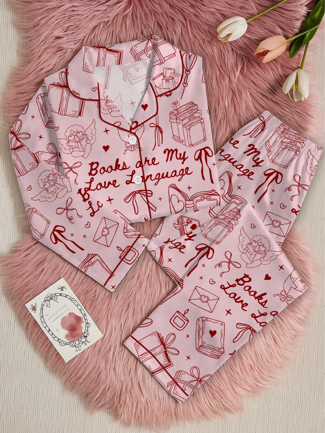 Books Are My Love Language Satin Pajama Set, Book Lover Valentine Sleepwear, Cozy Bookish Pajamas Gift