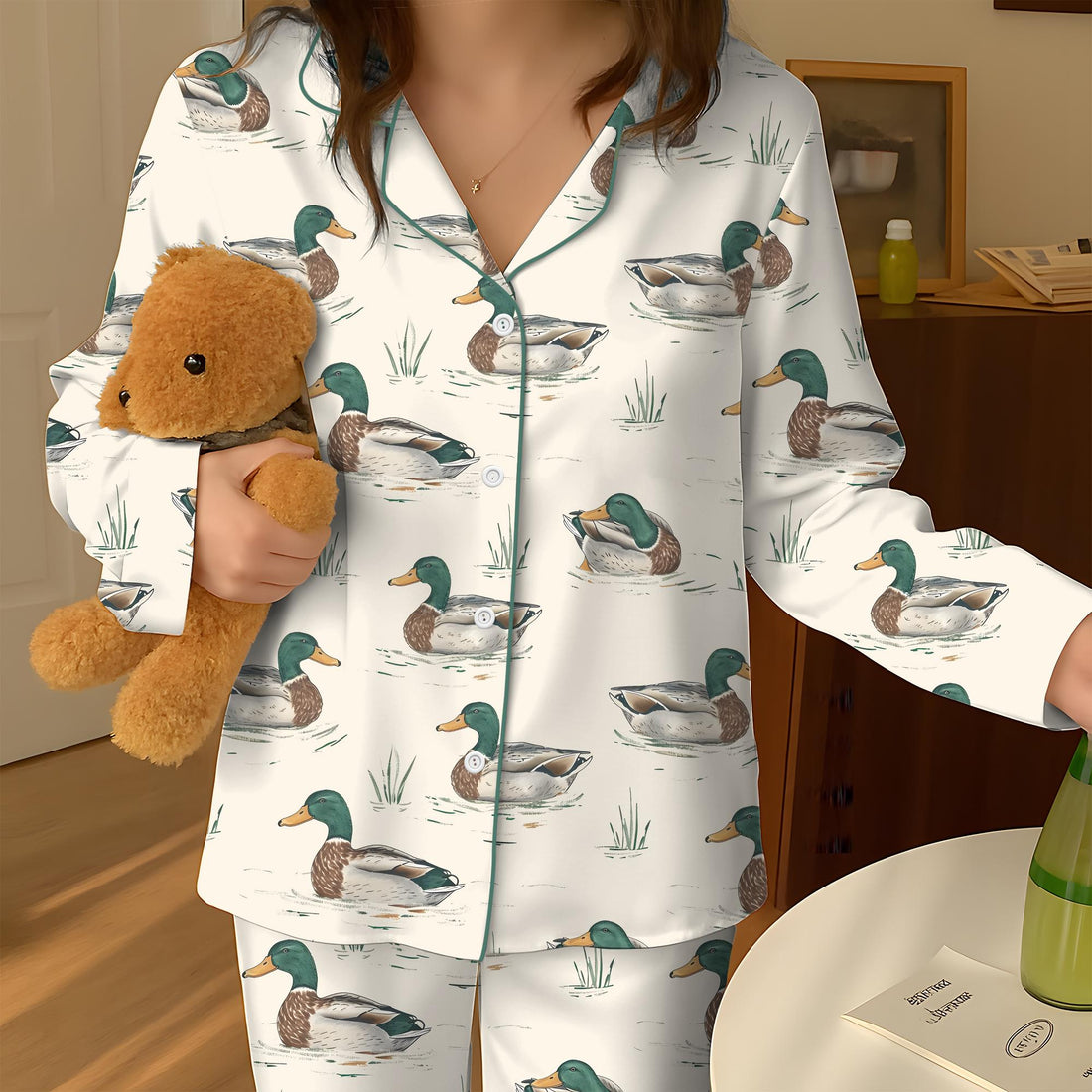 Watercolor Mallard Duck Duck Hunting Satin Pajama Set, Fun & Stylish Mallard Duck Sleepwear, Unique PJs with Design, Pajama Gift For Her