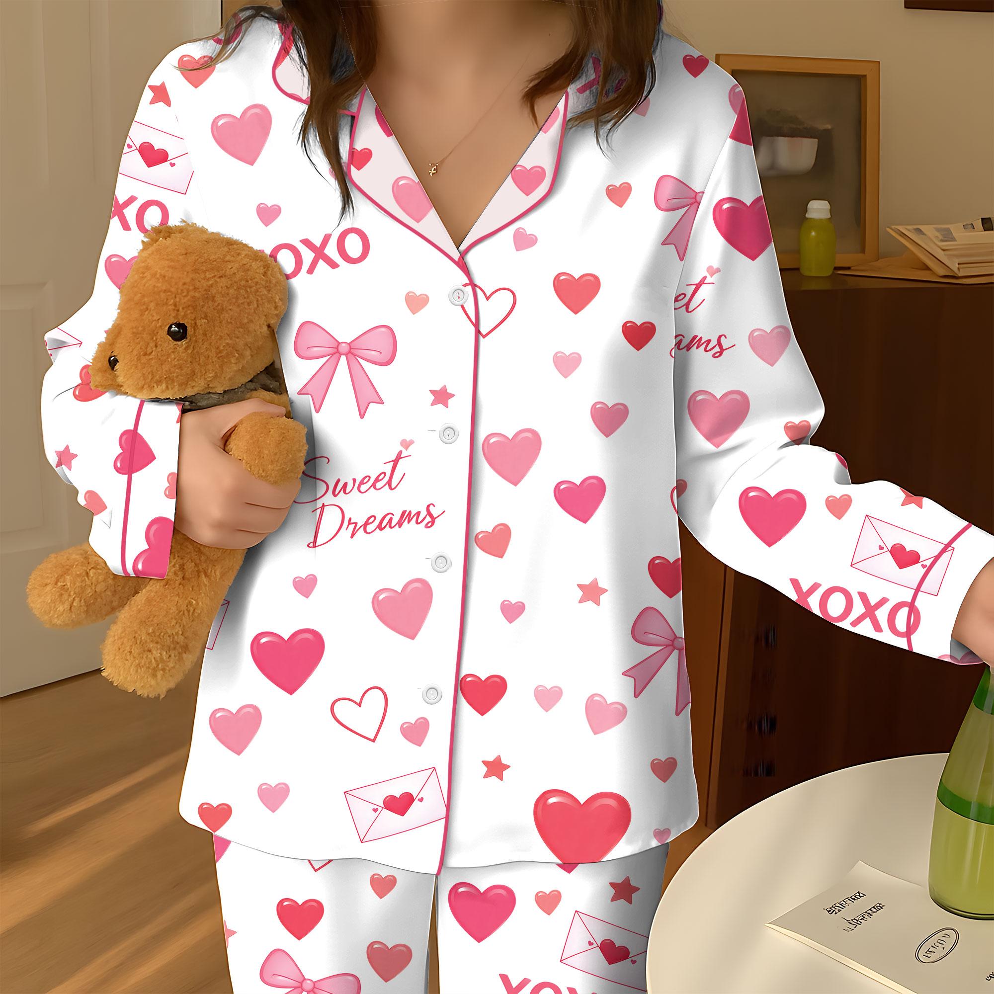 Valentine Heart Satin Pajama Set, Pink XOXO Button Up Sleepwear, Romantic Cozy PJs Gift for Her