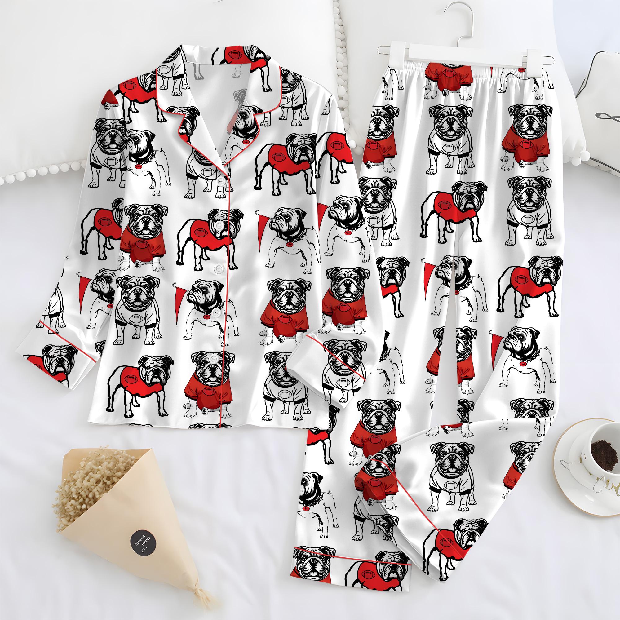 Bulldogs Football Satin Pajama Set, Pitbull Satin Pajamas Set, Women's Luxury Sleepwear