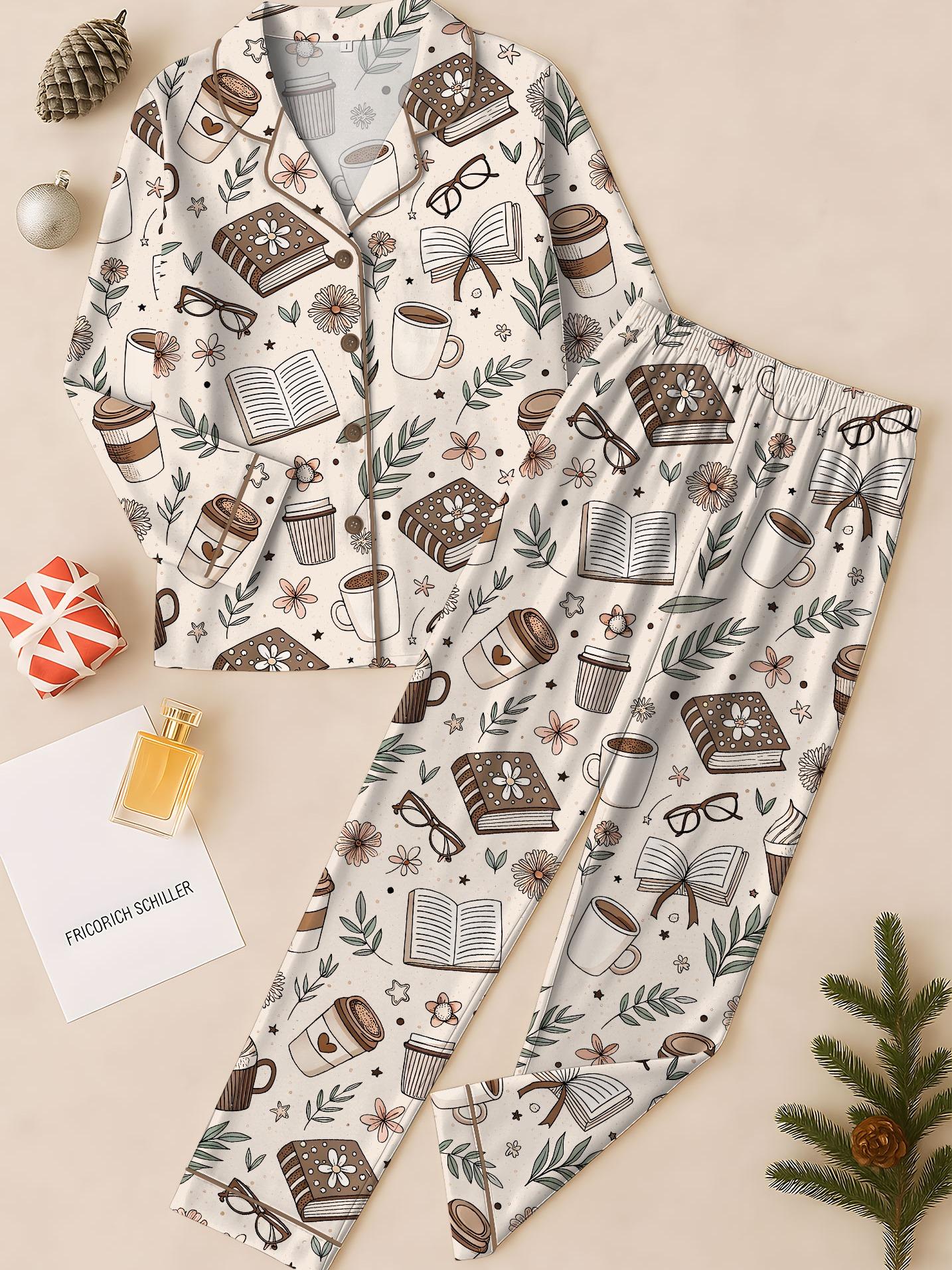 Women’s Coffee & Book Print Pajama Set Short Sleeve Button Down V-Neck Sleepwear
